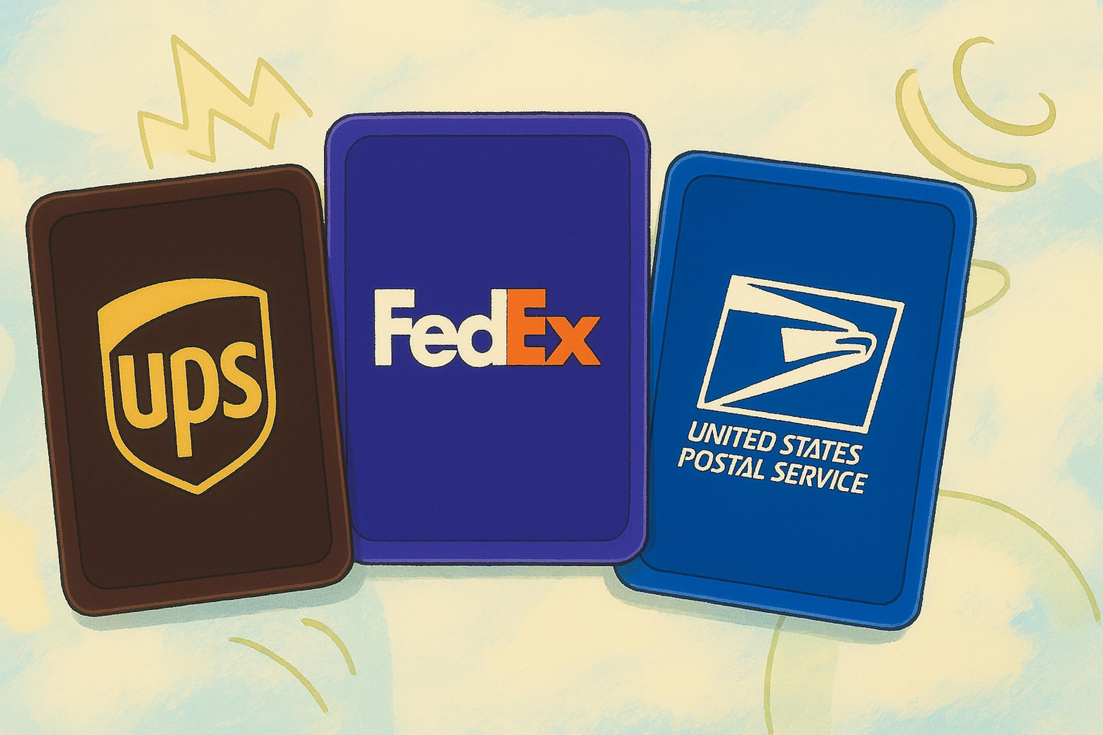 A Ghibli-style digital illustration of three delivery service cards—UPS, FedEx, and USPS—arranged side by side on a soft pastel background with whimsical shapes and a painterly texture.