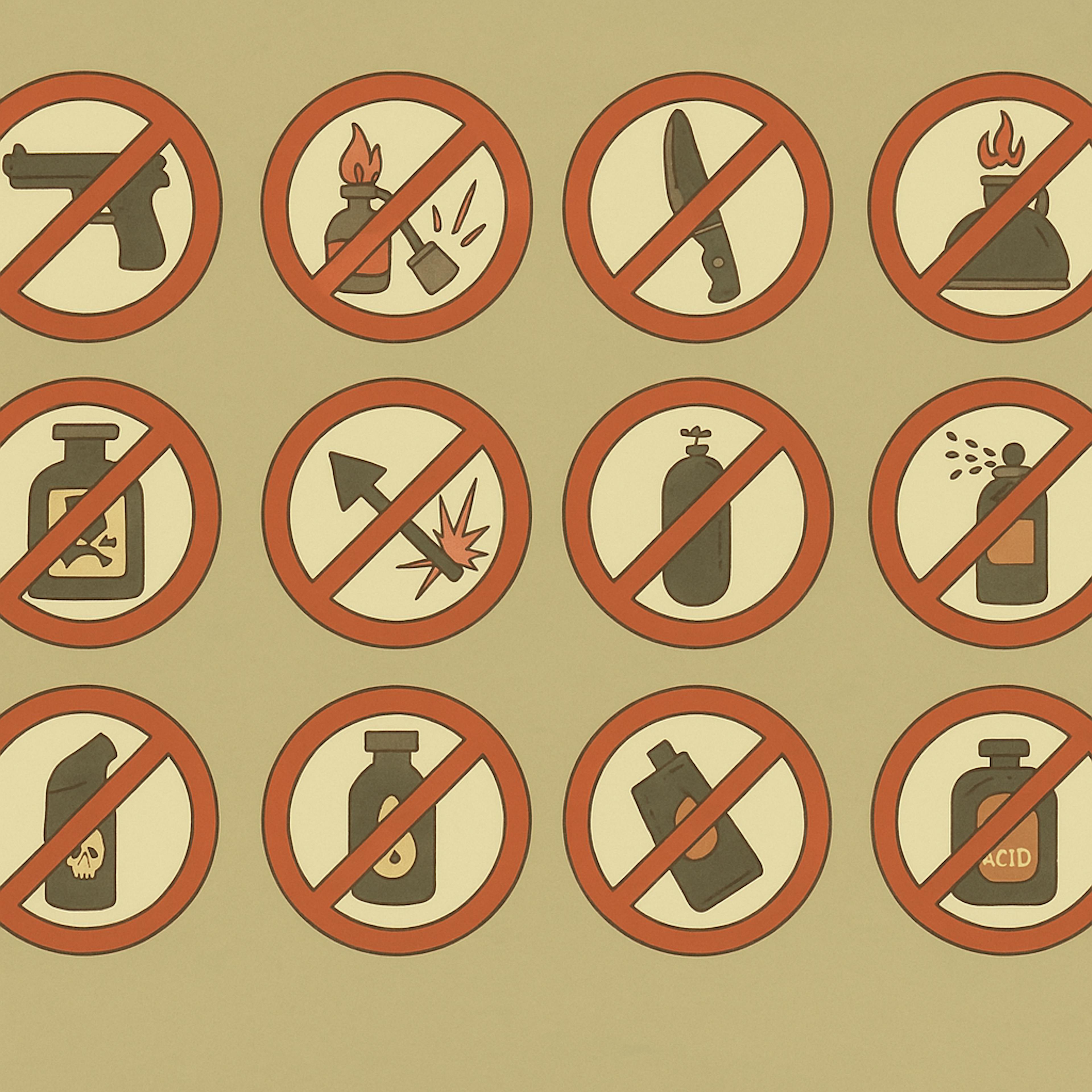 A Ghibli-style digital illustration showing twelve prohibition symbols, including icons for weapons, chemicals, explosives, and flammable substances, each marked with a red circle and slash on a warm beige background.
