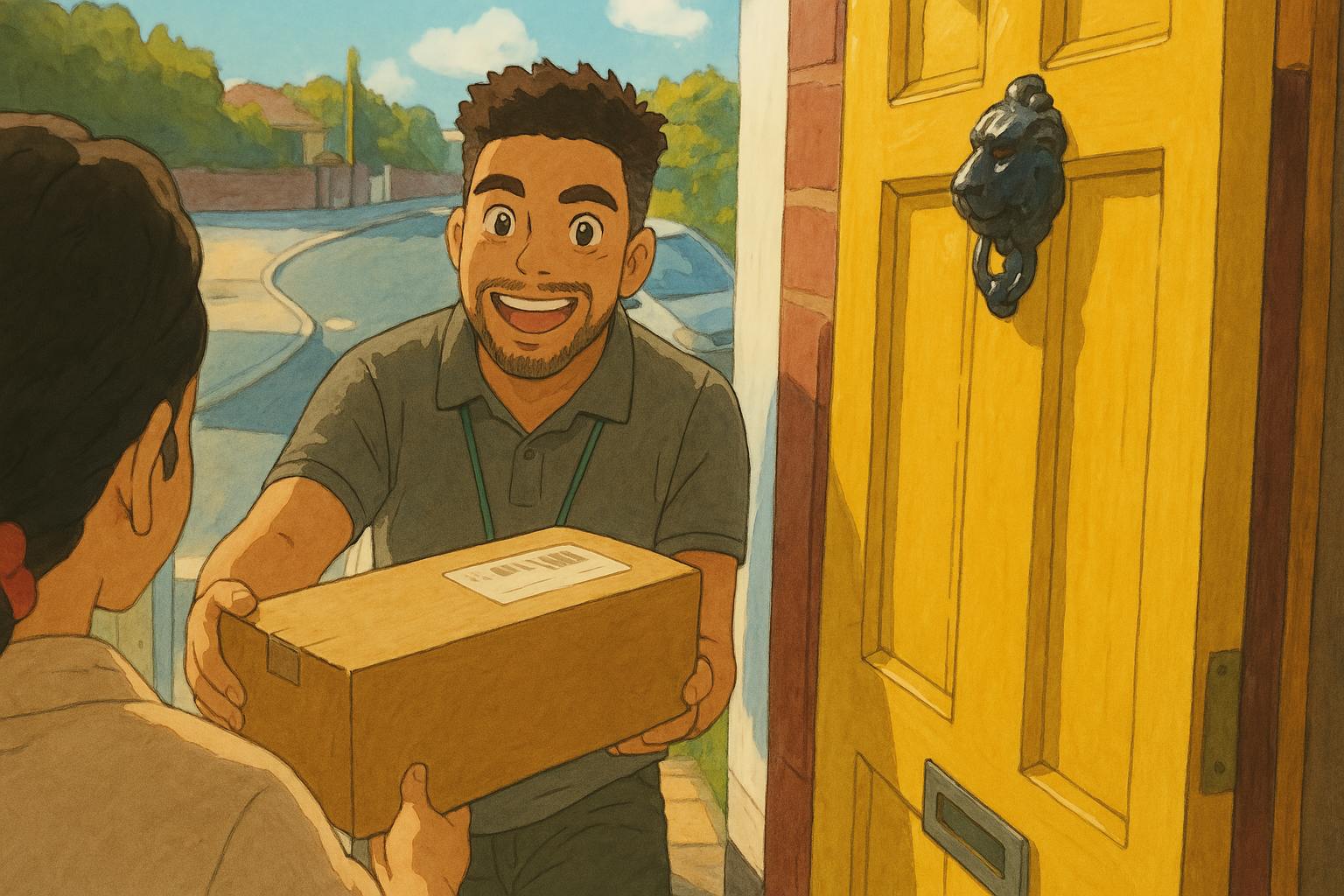 A Ghibli-style illustration shows a cheerful delivery person handing a package to a woman at her front door, with a bright yellow door, soft sunlight, and a charming suburban street in the background.