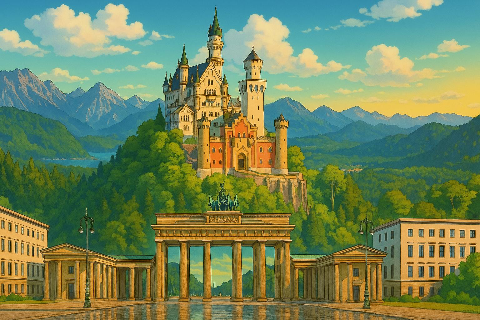 A Ghibli-style illustration merging Germany's Neuschwanstein Castle nestled in the Bavarian Alps with Berlin’s iconic Brandenburg Gate reflected in a calm square, all surrounded by lush forests, soft clouds, and dreamy lighting.