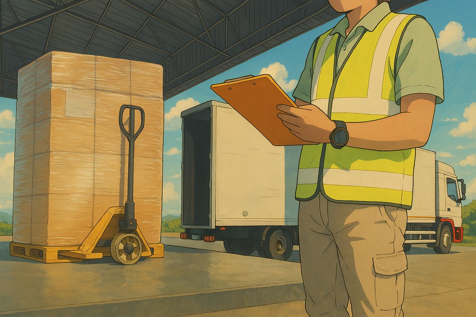 A Ghibli-style illustration shows customs officier taking in a pallet of packages to inspect.