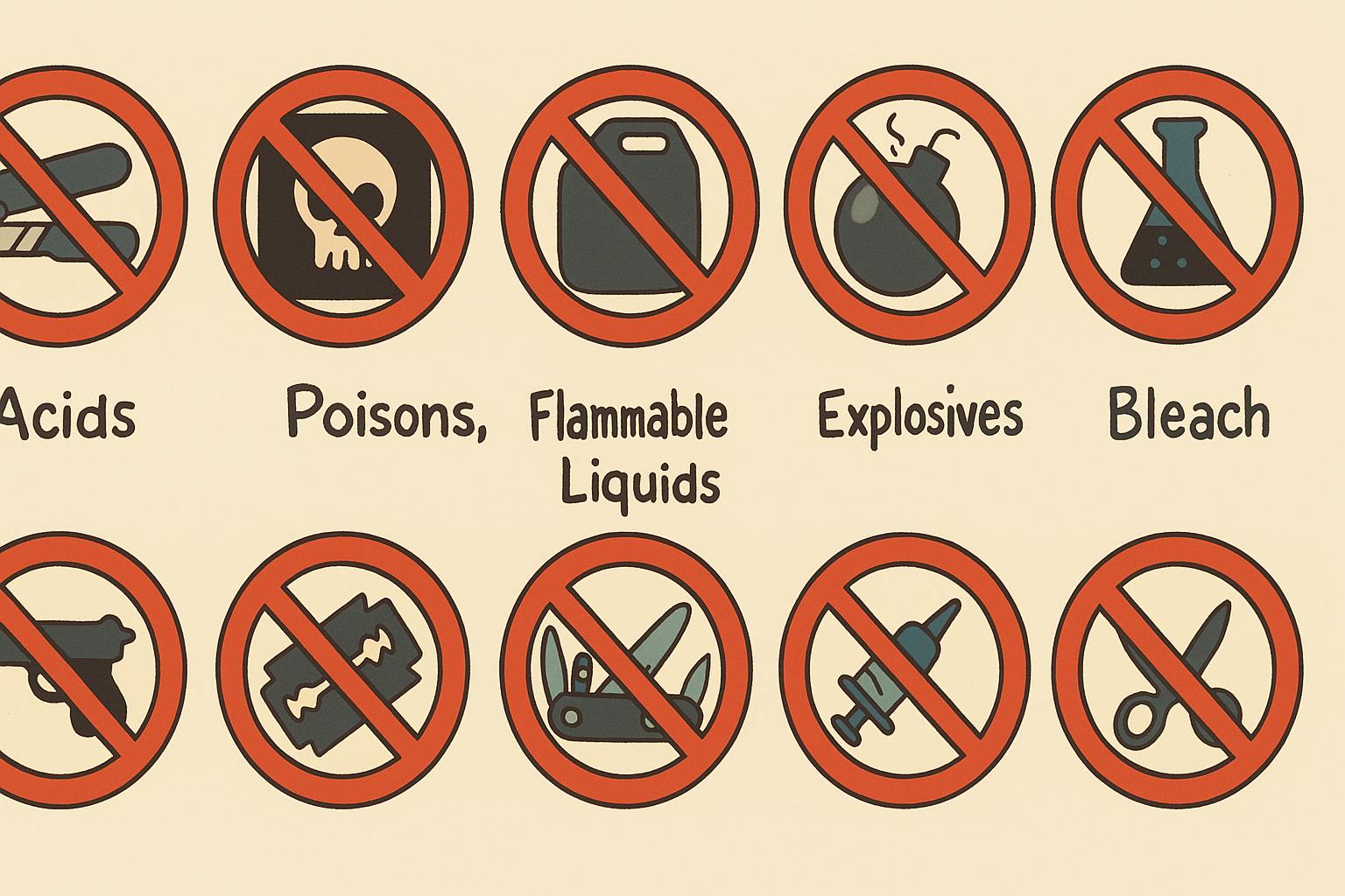 A Ghibli-style illustration showing ten red prohibition signs on a beige background, warning against shipping items like acids, poisons, flammable liquids, explosives, bleach, firearms, razor blades, pocket knives, syringes, and scissors.
