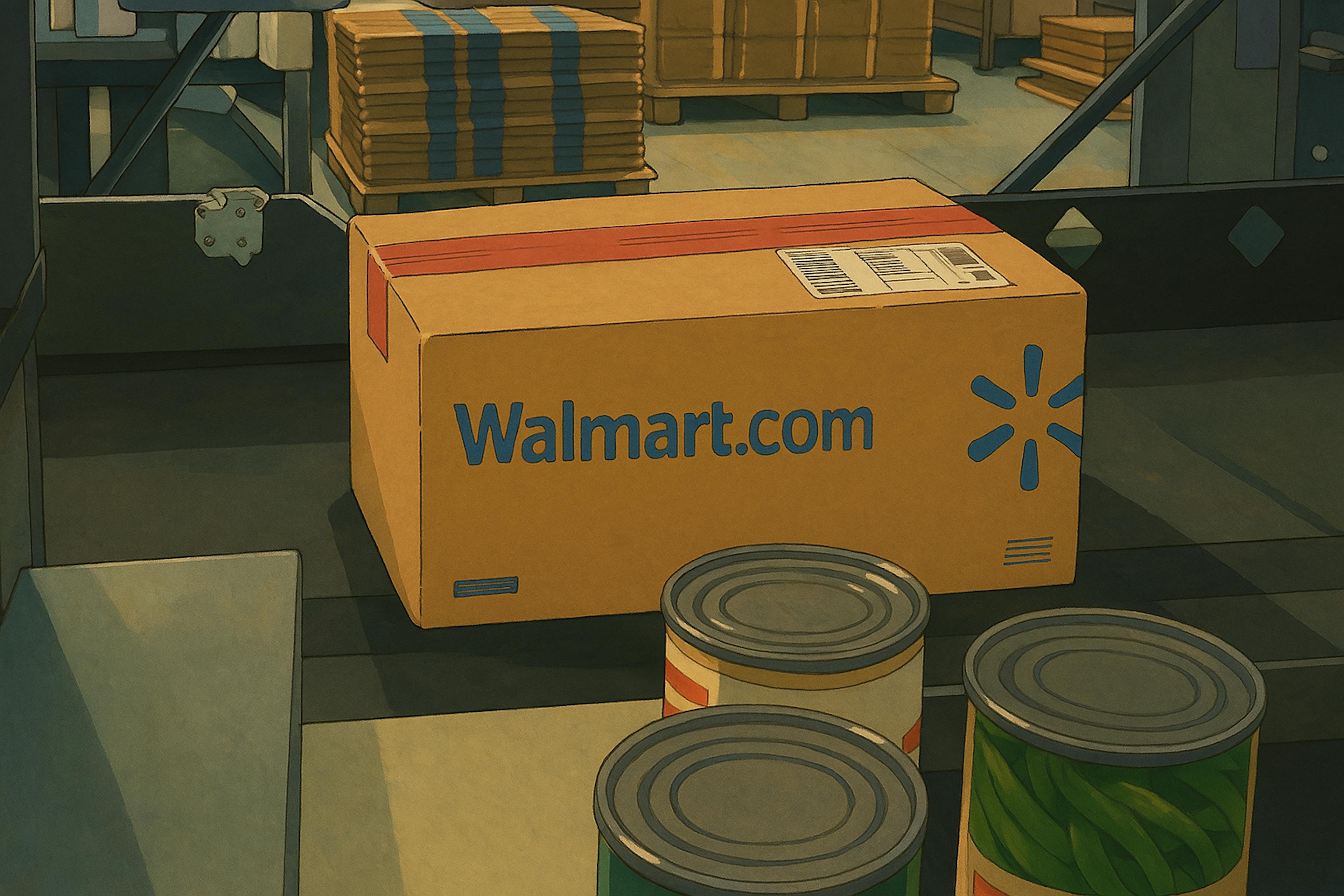 A Ghibli-style illustration depicts a Walmart.com cardboard package moving along a conveyor belt in a warmly lit warehouse. The background includes stacks of boxes and metallic framework, with canned goods in the foreground.