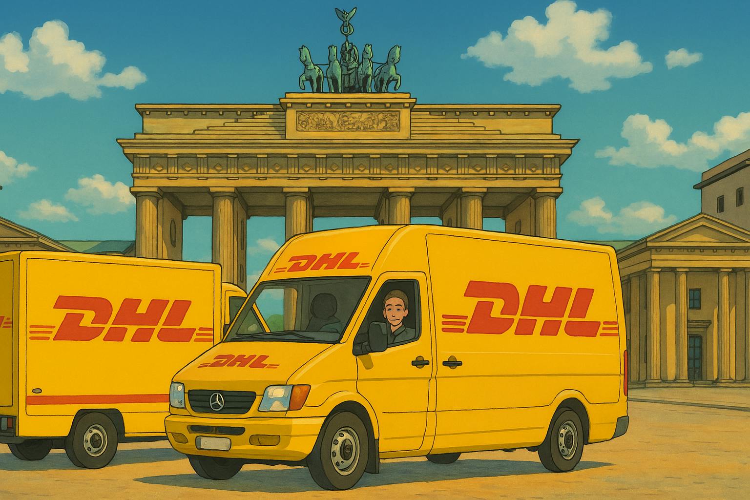 A Ghibli-style illustration of two bright yellow DHL delivery vans parked in front of Berlin’s Brandenburg Gate on a sunny day, with a smiling driver visible inside one van and classical architecture in the background.