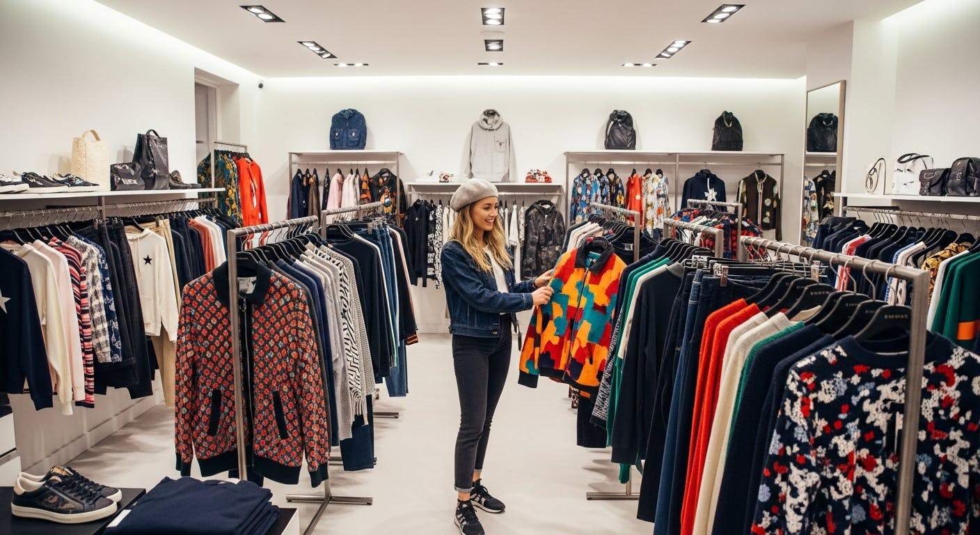 A good looking woman shopping at Golden Goose like store.