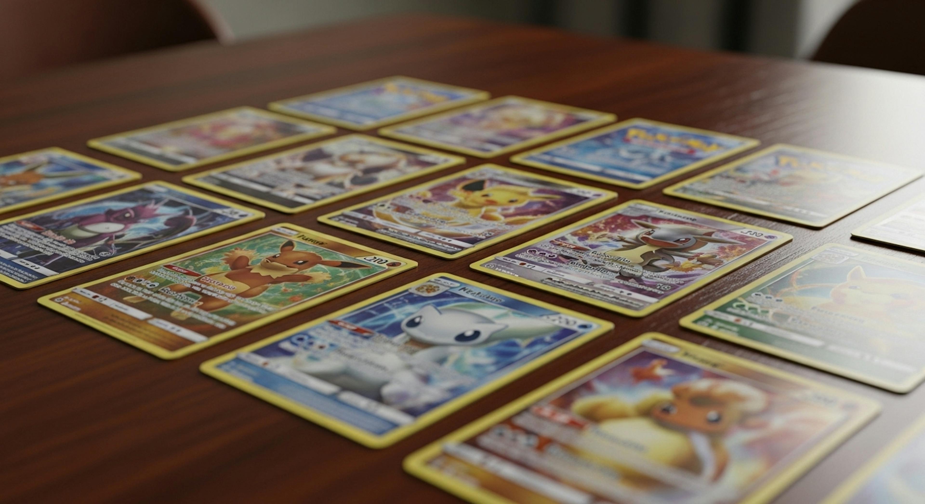 Pokemon cards spread on a wooden table. 