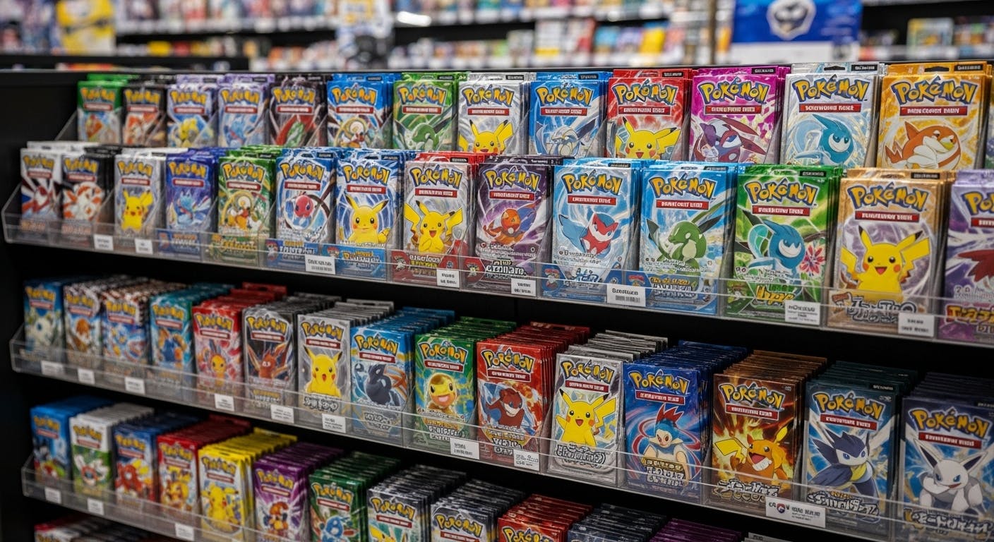 Pokemon cards on a shelf of a store.
