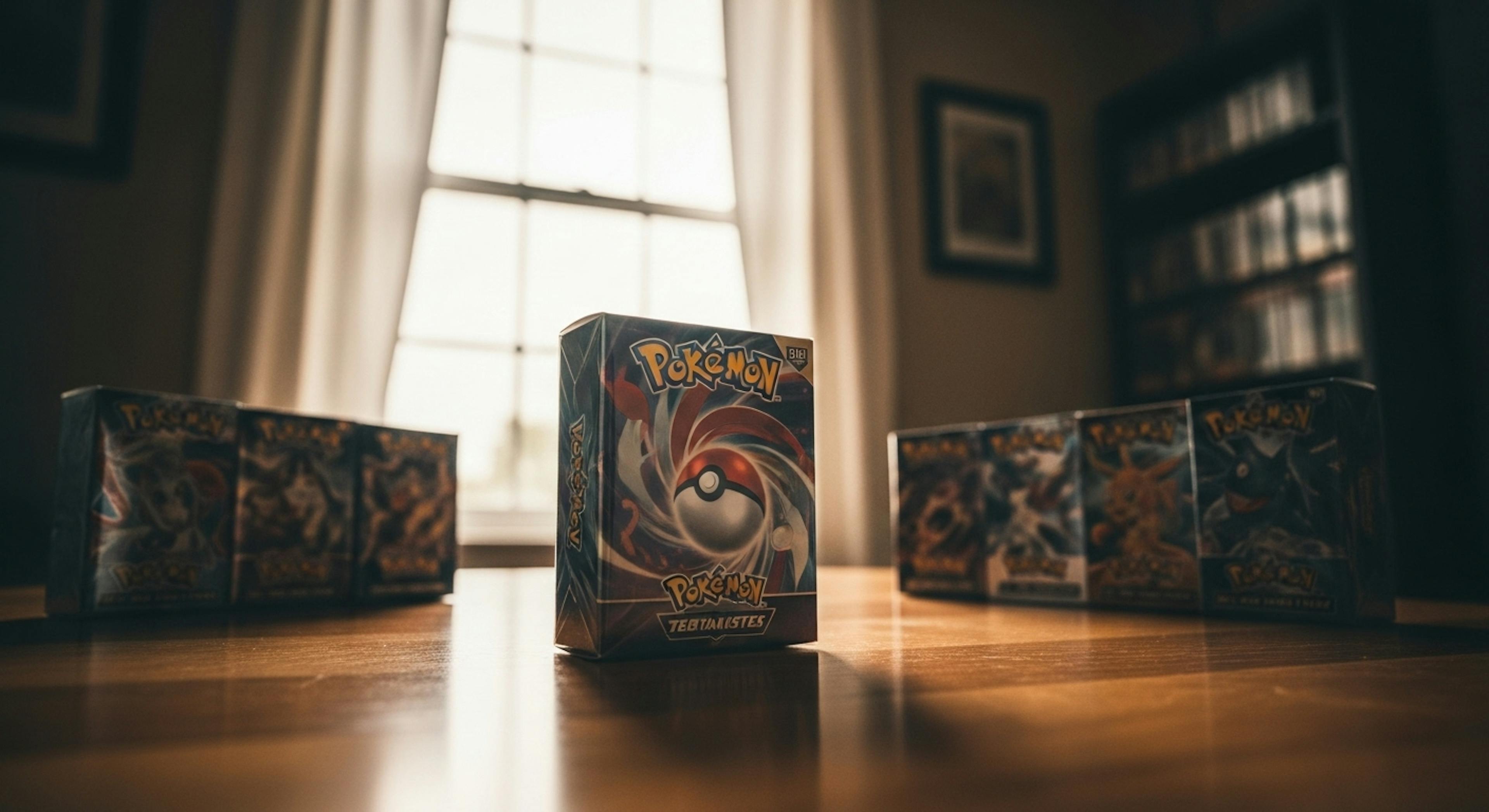 A pack of Pokemon Cards on a wooden table