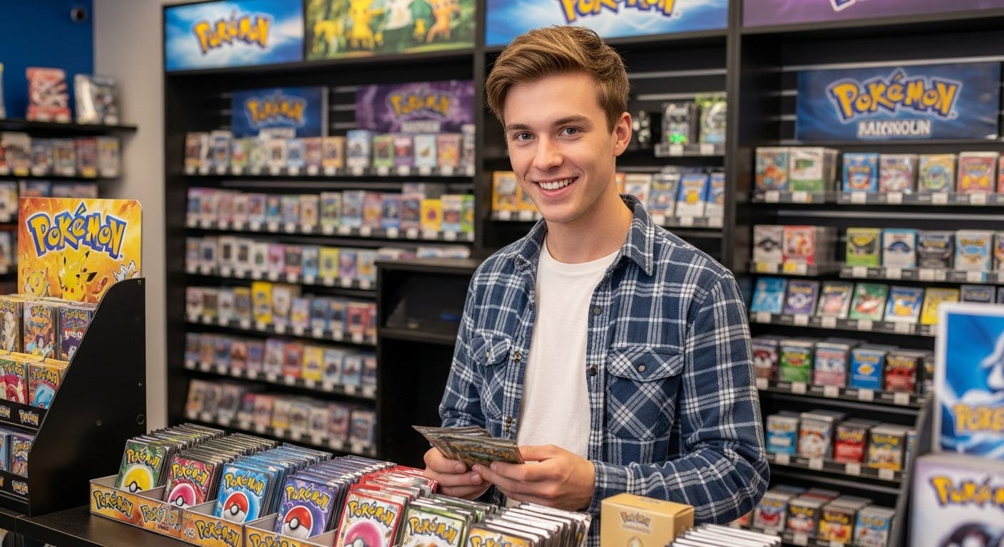 A young attractive man buying pokemon cards.