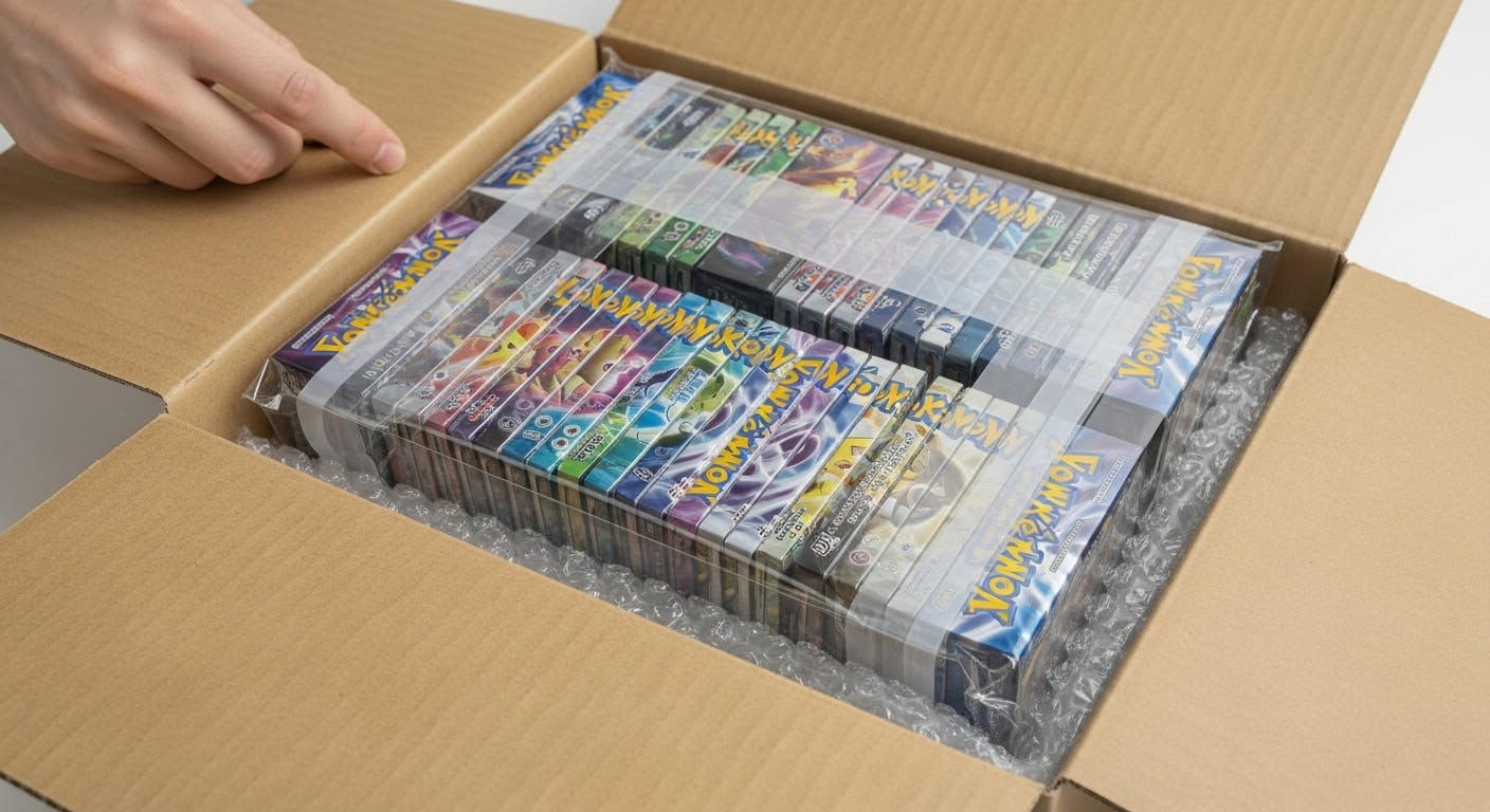 packs of pokemon cards are being put into a shipping package safely to ensure safe international shipment