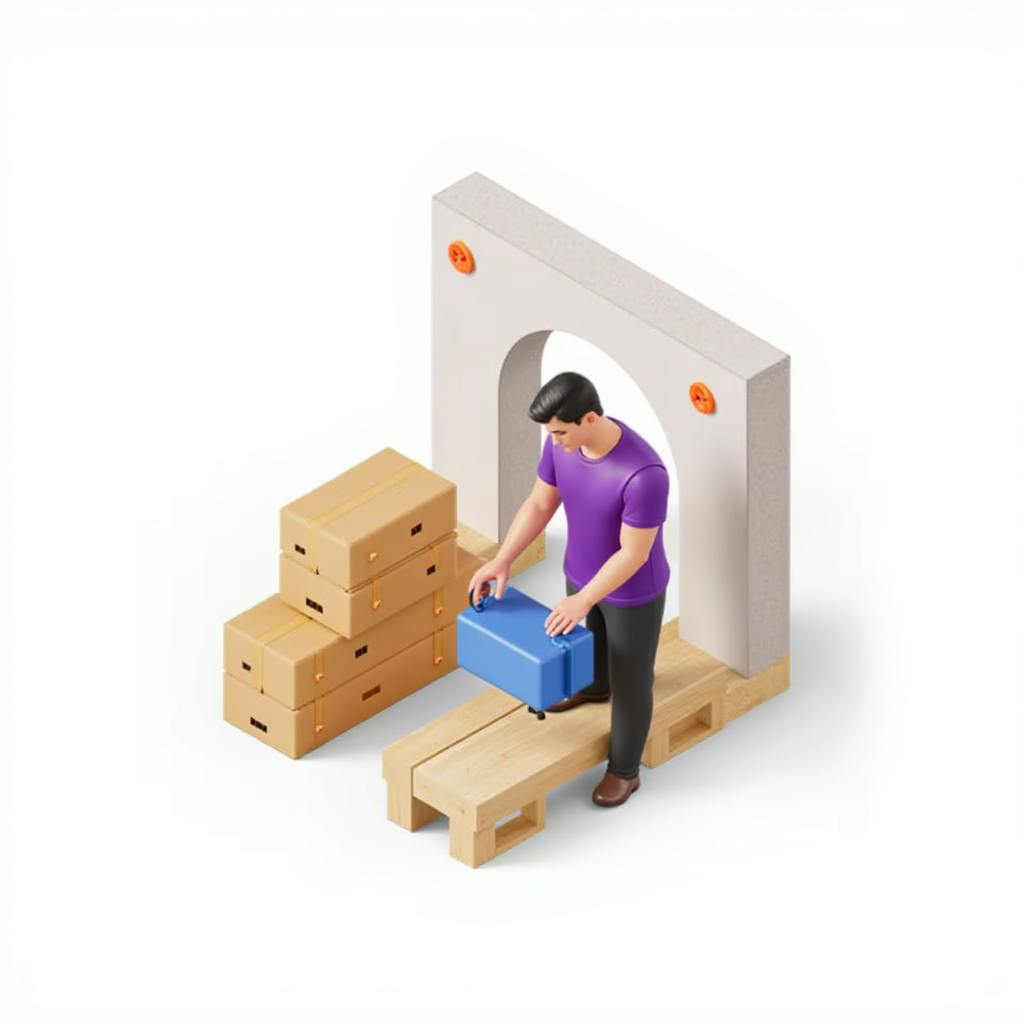 an operator with purple colored tshirt who is working in a warehouse and combining some items in a single box