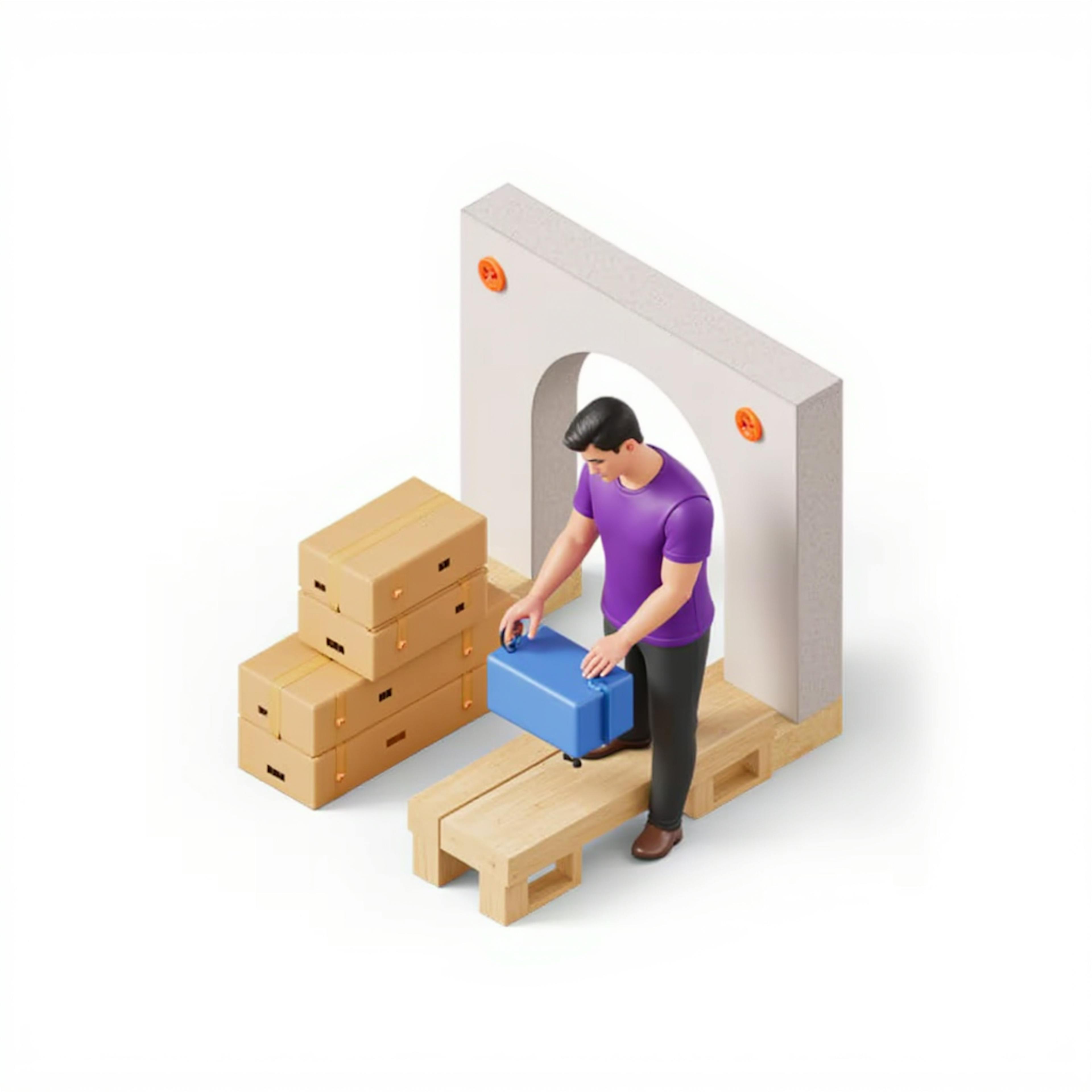 an operator with purple colored tshirt who is working in a warehouse and combining some items in a single box