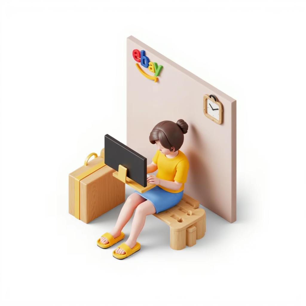 australian woman is shopping online on her desktop computer. put amazon ebay logo around