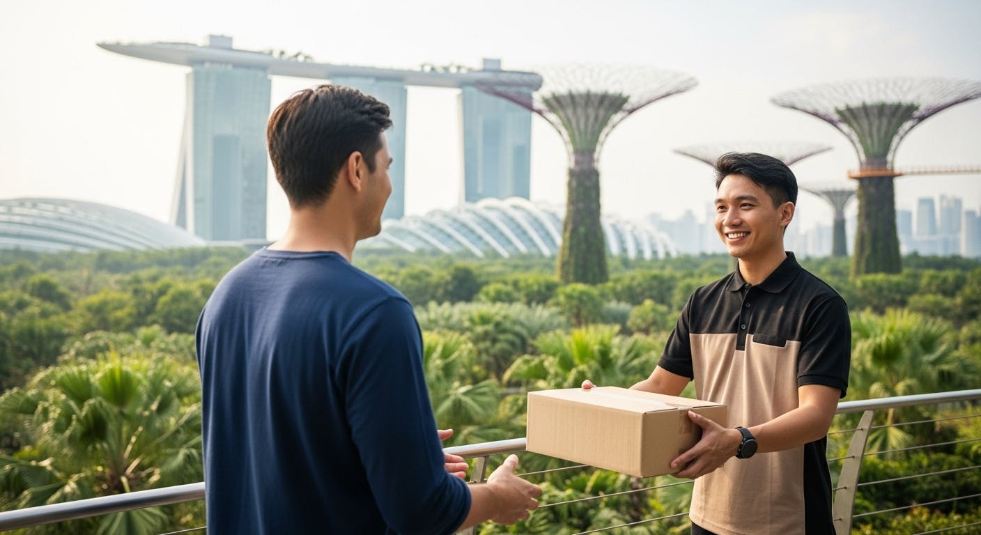 background Gardens by the Bay in singapore, courier delivers a courier package (without text) to a smiling man