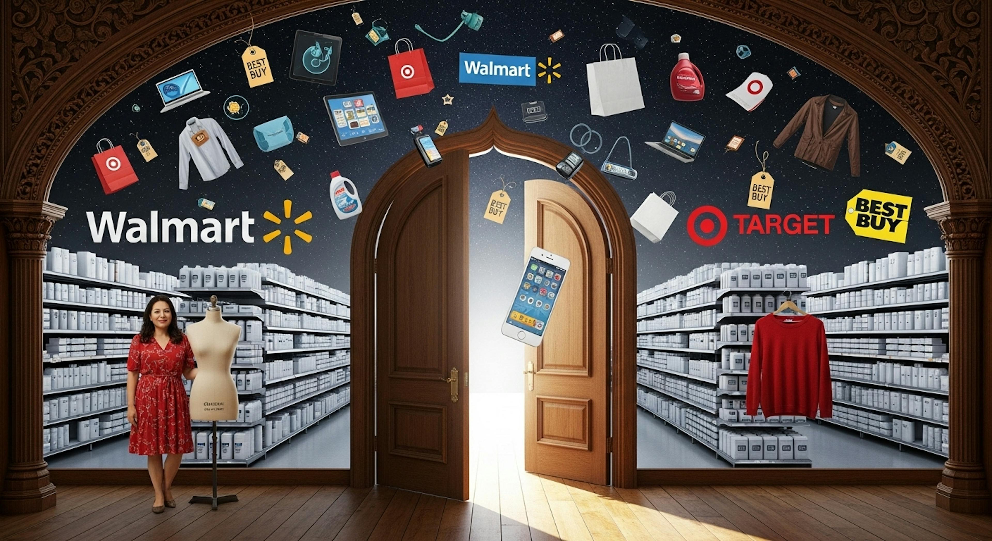 A pair of opposing aisles of a retail store are seen through a decorative arched doorway with a partially open wooden door. Above the aisles and the open door is a surreal display of various retail items and logos floating in a dark, star-speckled space.

The retail aisles are stocked with numerous white-labeled products on shelves, creating a sense of depth and repetition. On the left aisle, a woman with medium skin tone wearing a red patterned dress stands near a beige dress form. A large "Walmart" logo is prominently displayed above this aisle. On the right aisle, a red sweater hangs on a hanger. A "Target" logo is visible above this aisle, along with a "Best Buy" logo.

Floating in the space above, various items are scattered, including a smartphone, a tablet, a laptop, clothing items like shirts and jackets, shopping bags in red and white, and household products such as detergent bottles. Logos like "Walmart," "Target," and "Best Buy" appear multiple times, along with generic tags that say "BEST BUY." There are also scattered price tags and what appear to be promotional elements. A smartphone with a brightly colored screen hovers in the center. The open doorway allows light to stream through, illuminating the floor in front of it. The floor appears to be made of polished wood. The overall scene suggests a dynamic transition between a physical retail space and a conceptual online or abstracted shopping experience. The arched doorway has intricate carvings, adding a decorative frame to the scene. The lighting in the aisles is bright, highlighting the products on the shelves.