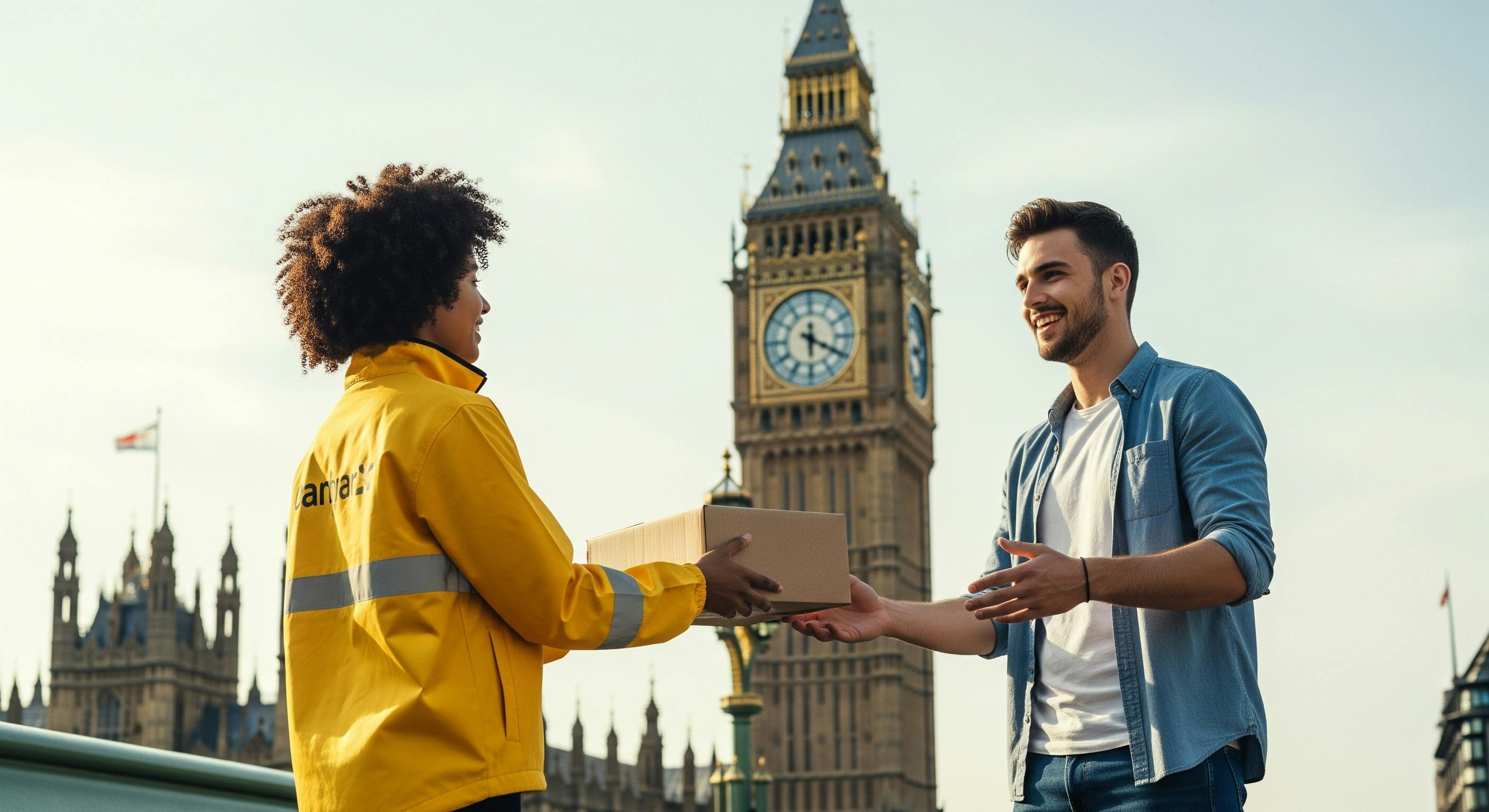 Forwardme courier delivering a package to a happy young customer in front of the iconic Big Ben in the UK.