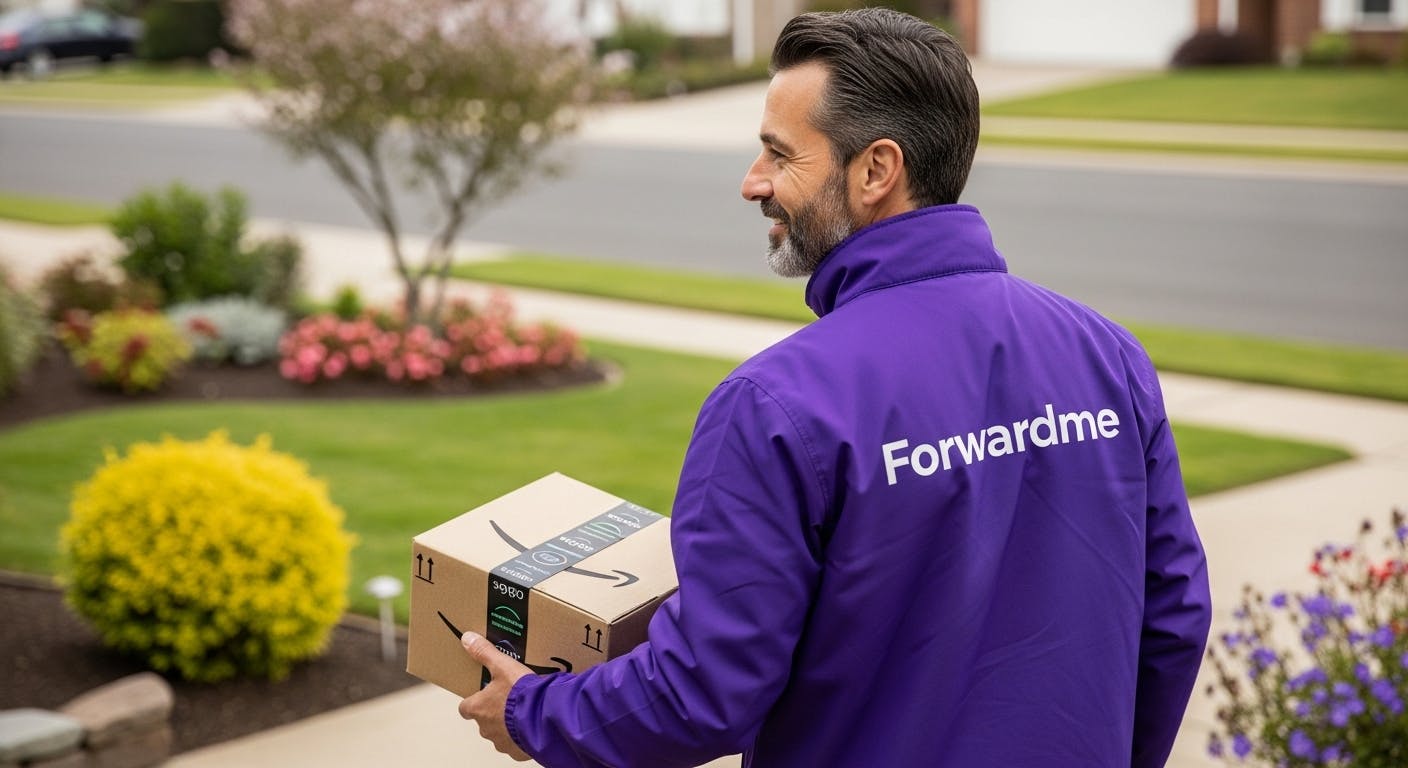 a package from Amazon being delivered via a courier who is wearing a purple jacket 'Forwardme' written on it