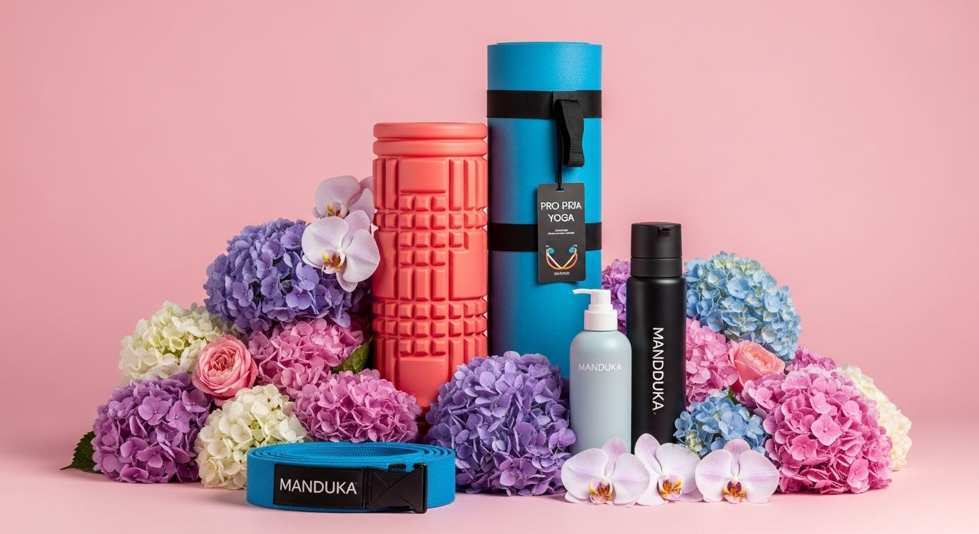 Different products from Manduka with flowers over a purple background.