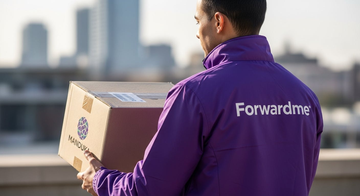 A package from Manduka is being delivered via a courier who is wearing purple jacket