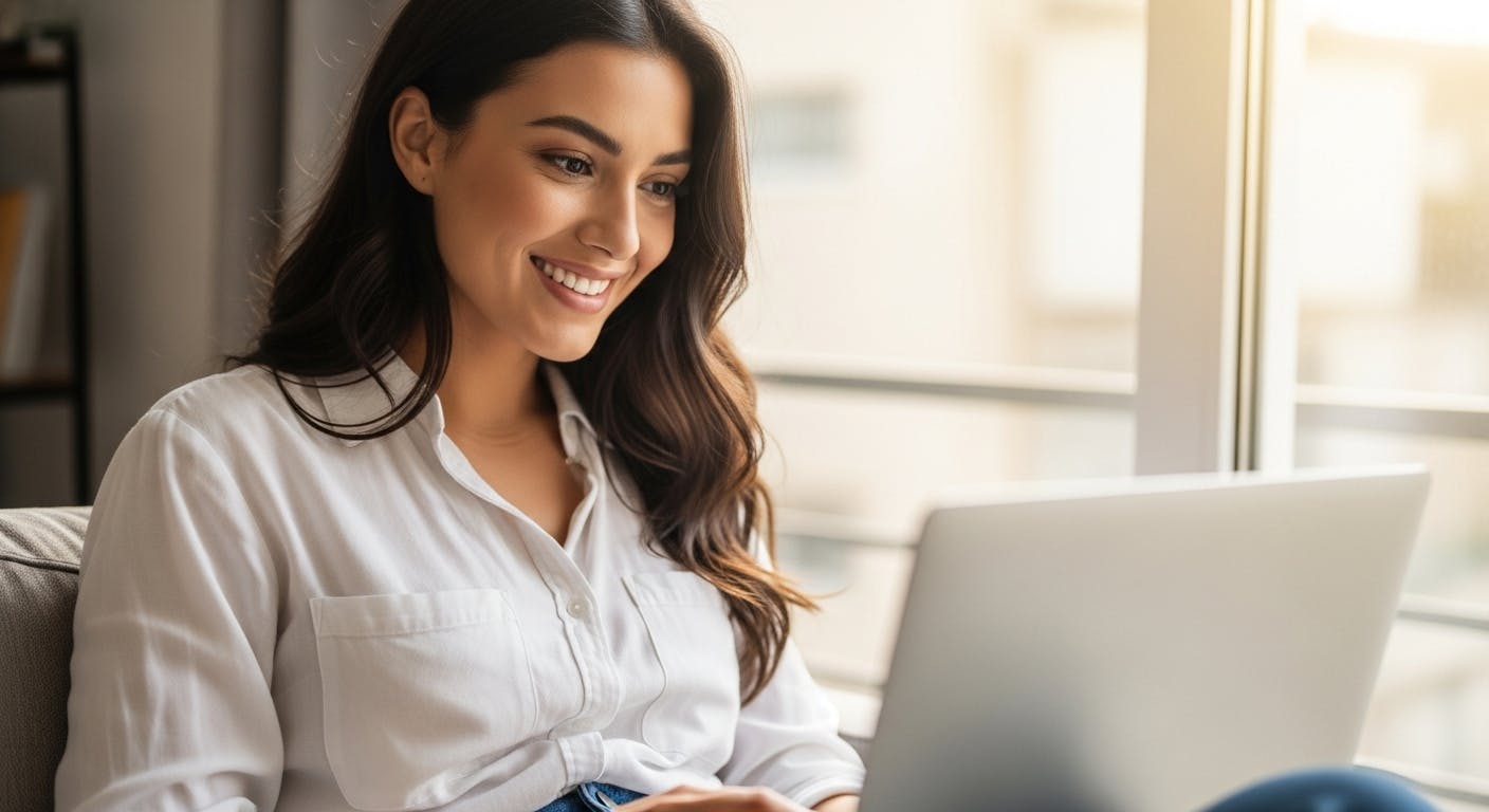 a beatufil woman shopping online with a smile on her face