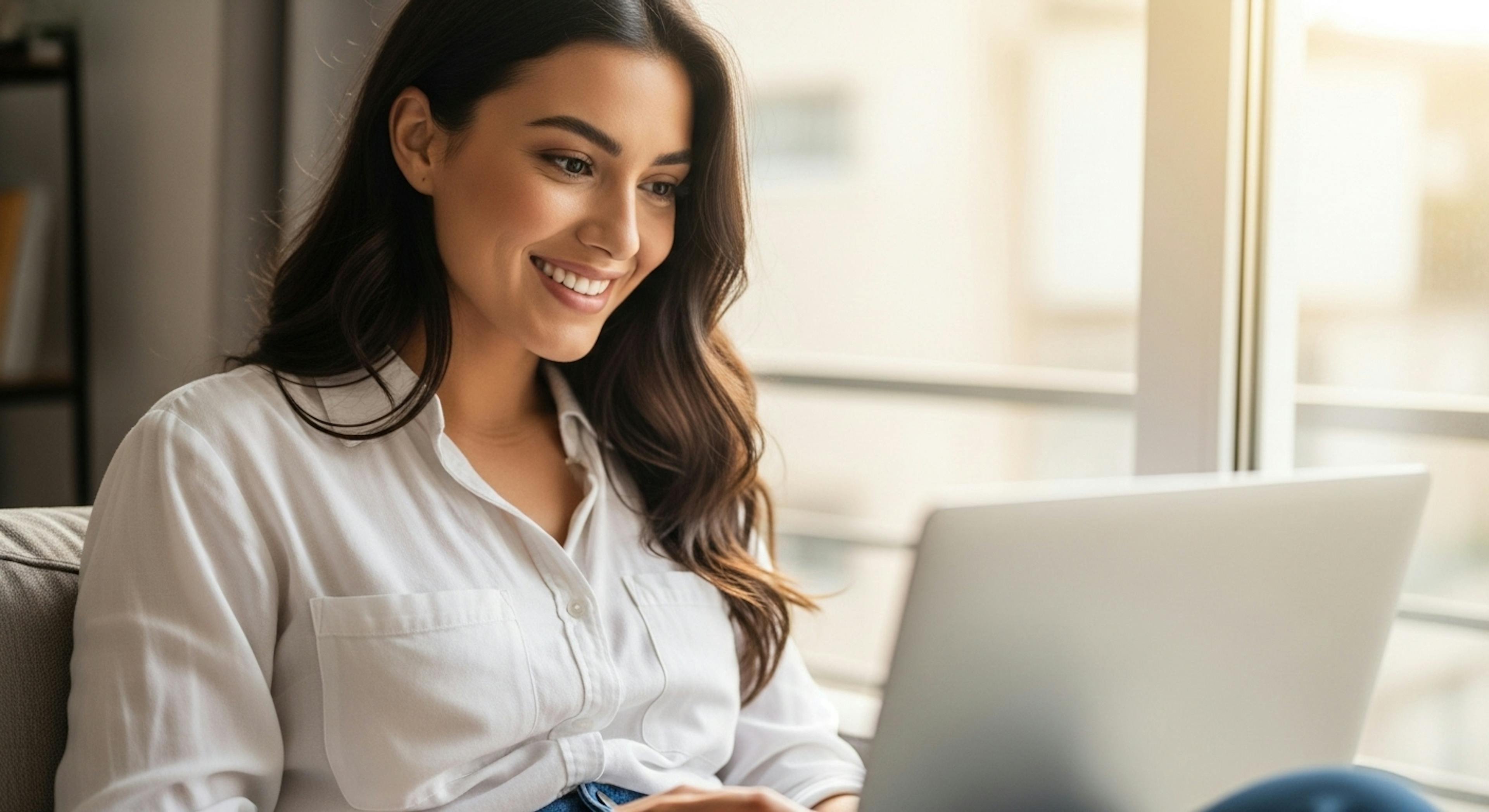 a beatufil woman shopping online with a smile on her face
