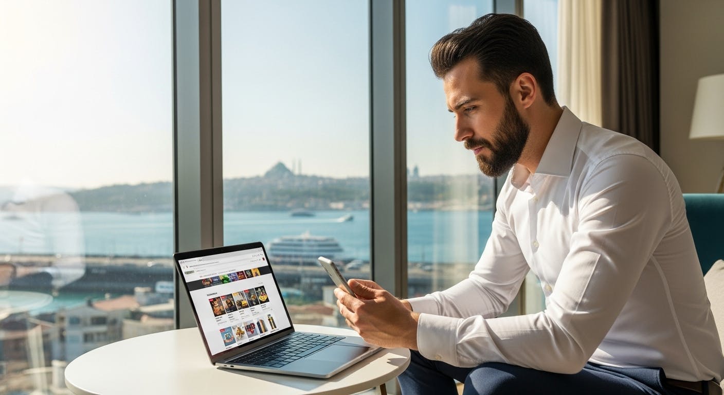a Turk shopping online with bosphorus on background