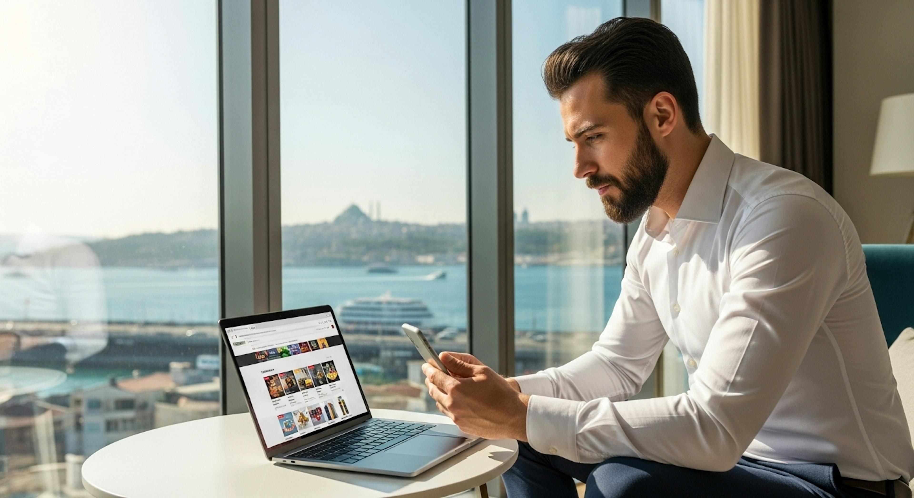 a Turk shopping online with bosphorus on background