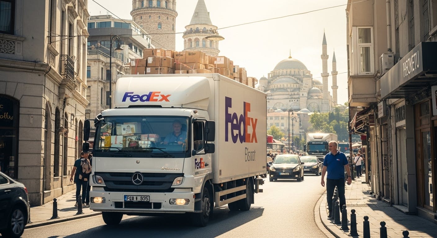shipping packages on a FedEx truck with Istanbul scenery