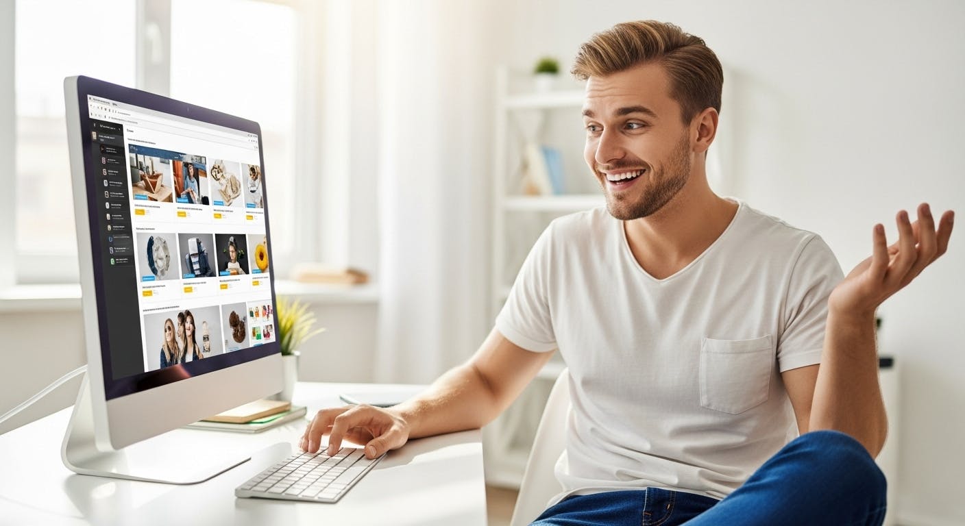 a good-looking person looking at PC with happy face, doesn't know where to shop from