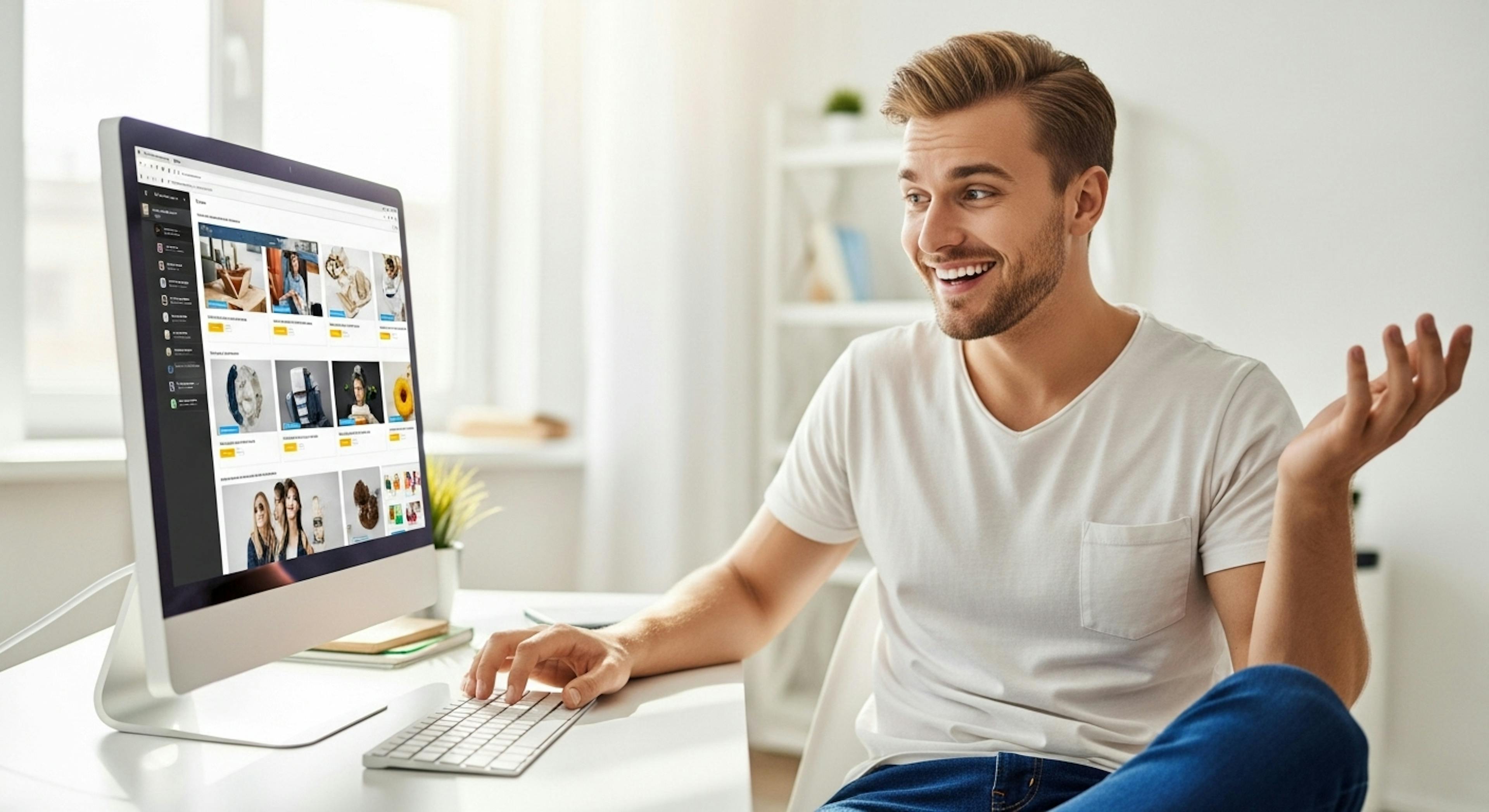 a good-looking person looking at PC with happy face, doesn't know where to shop from 