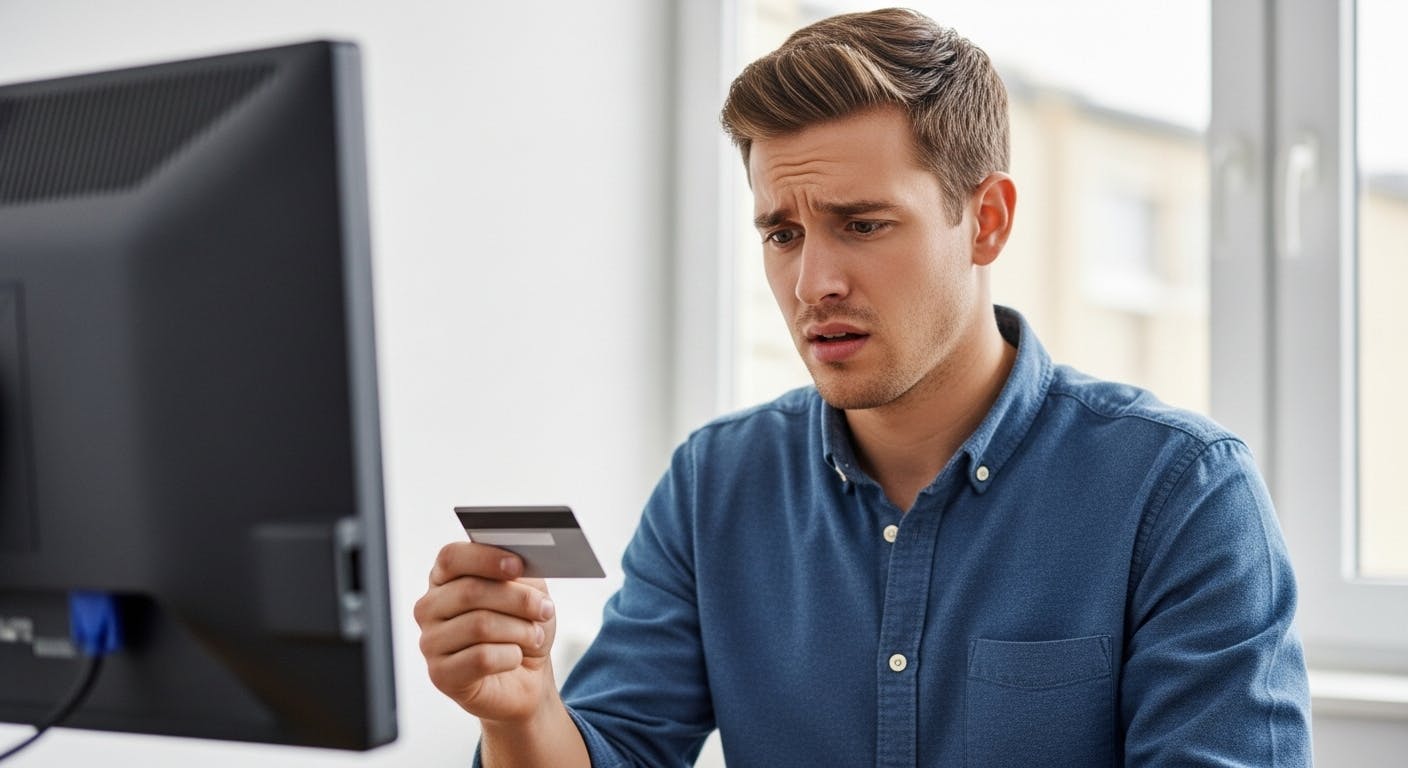 a person in front of a pc looking at the credit card they are holding with a confused face
