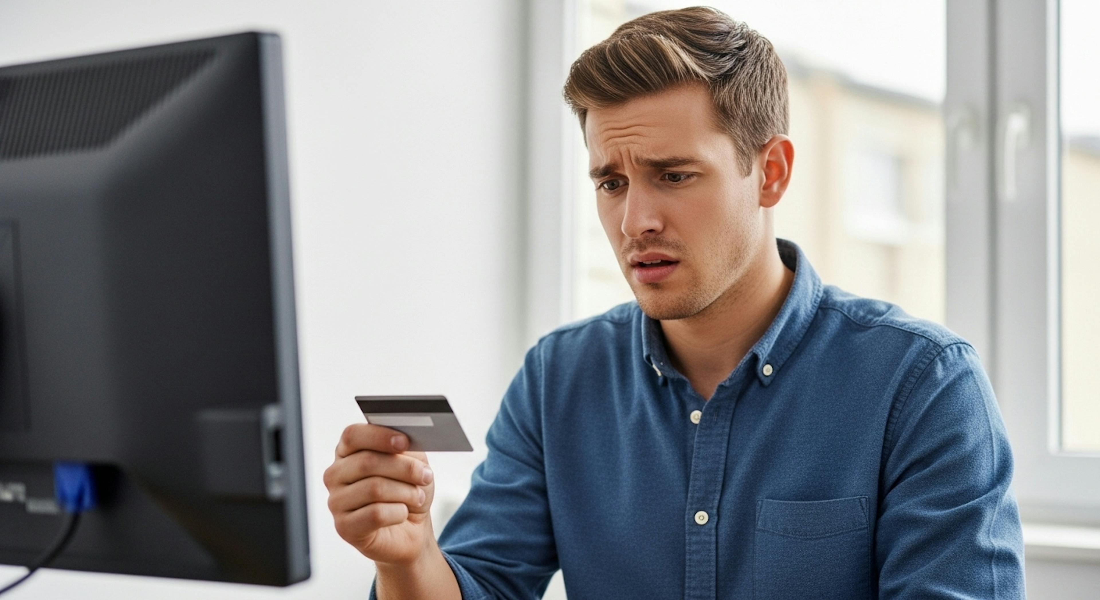 a person in front of a pc looking at the credit card they are holding with a confused face 