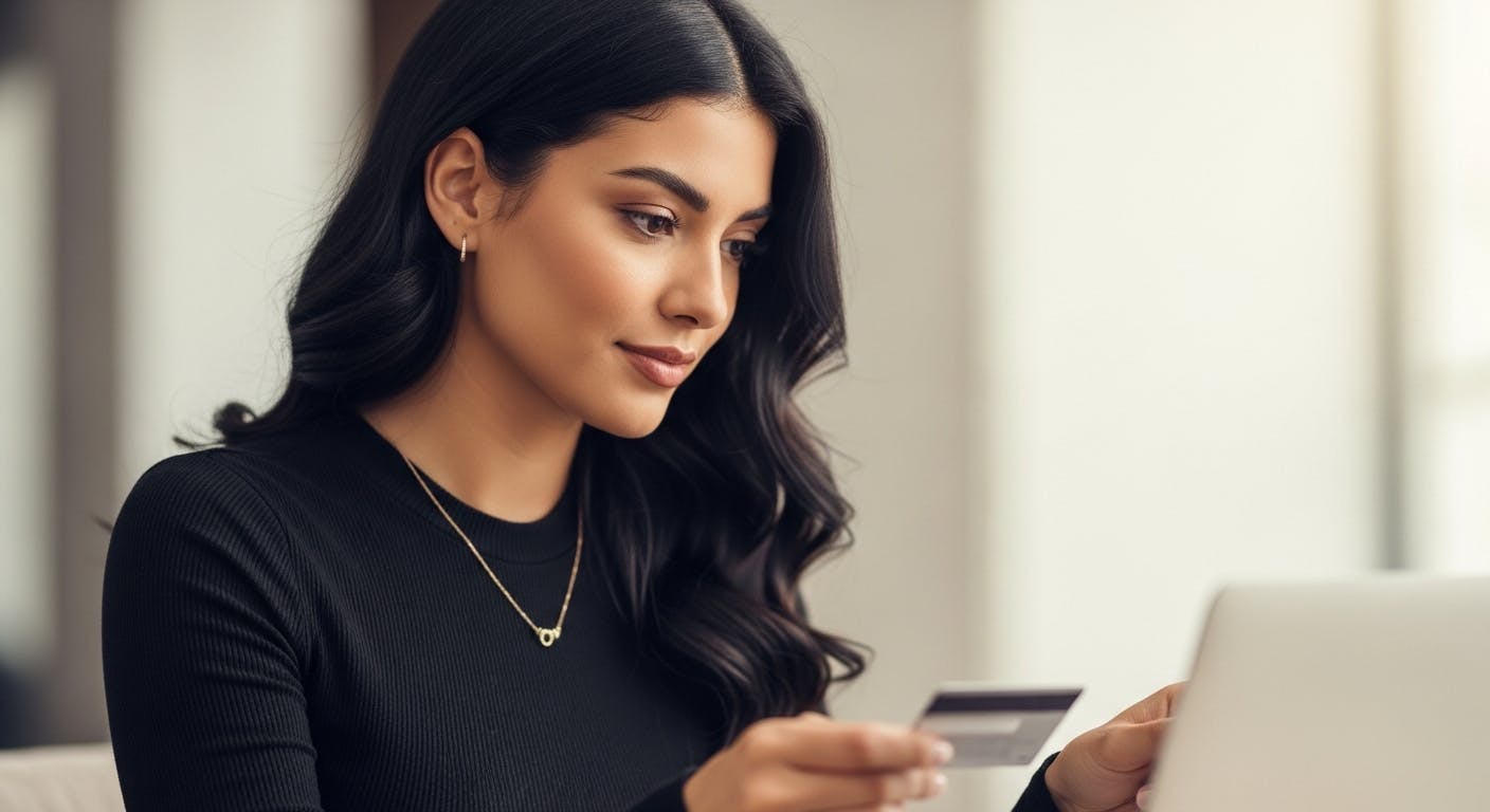a good looking person holding a credit card to make an online payment
