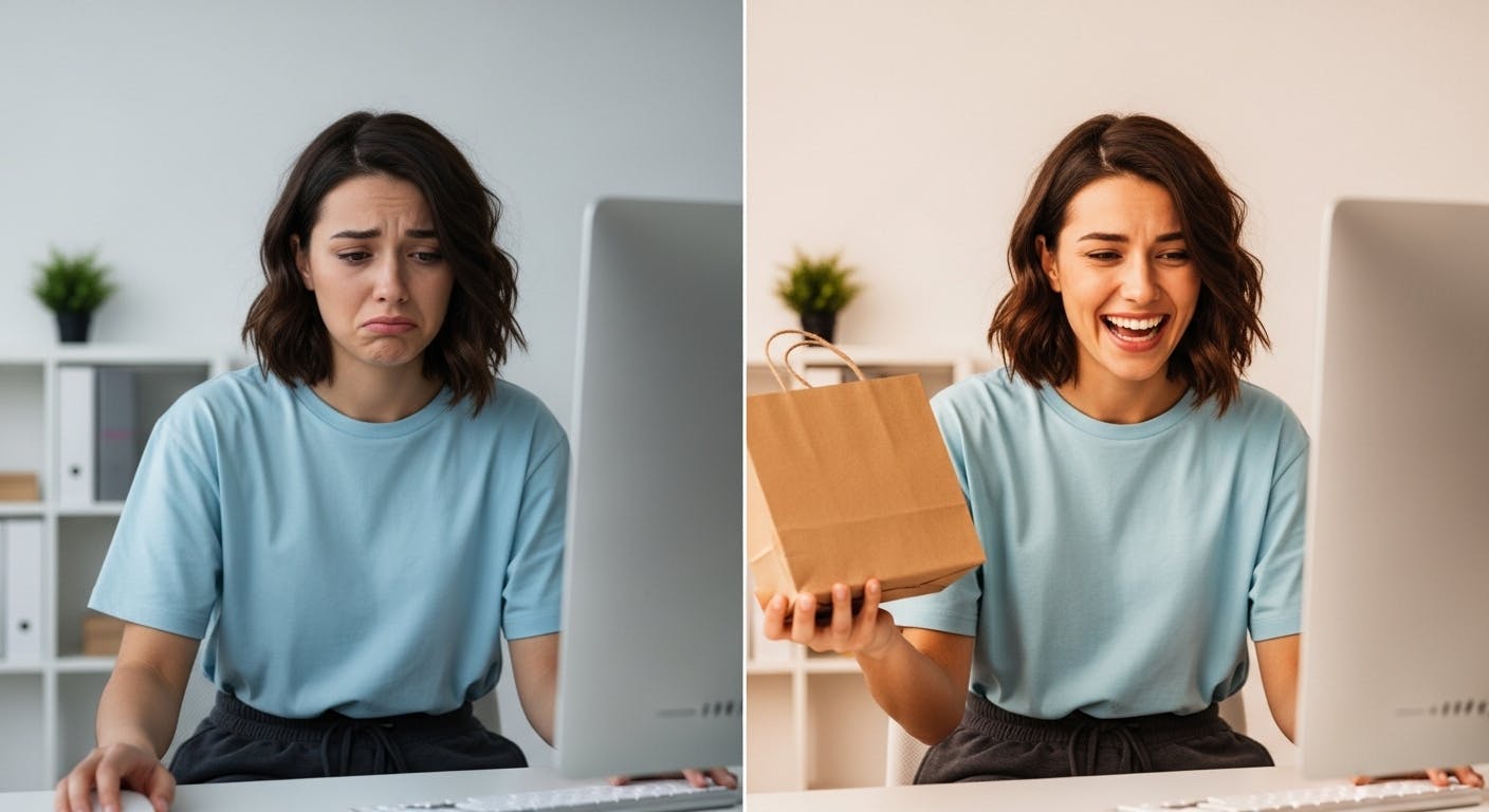 split screen a person looking at their computer with a sad face because they weren't able to make an online purchase, and then the same person looking happy
