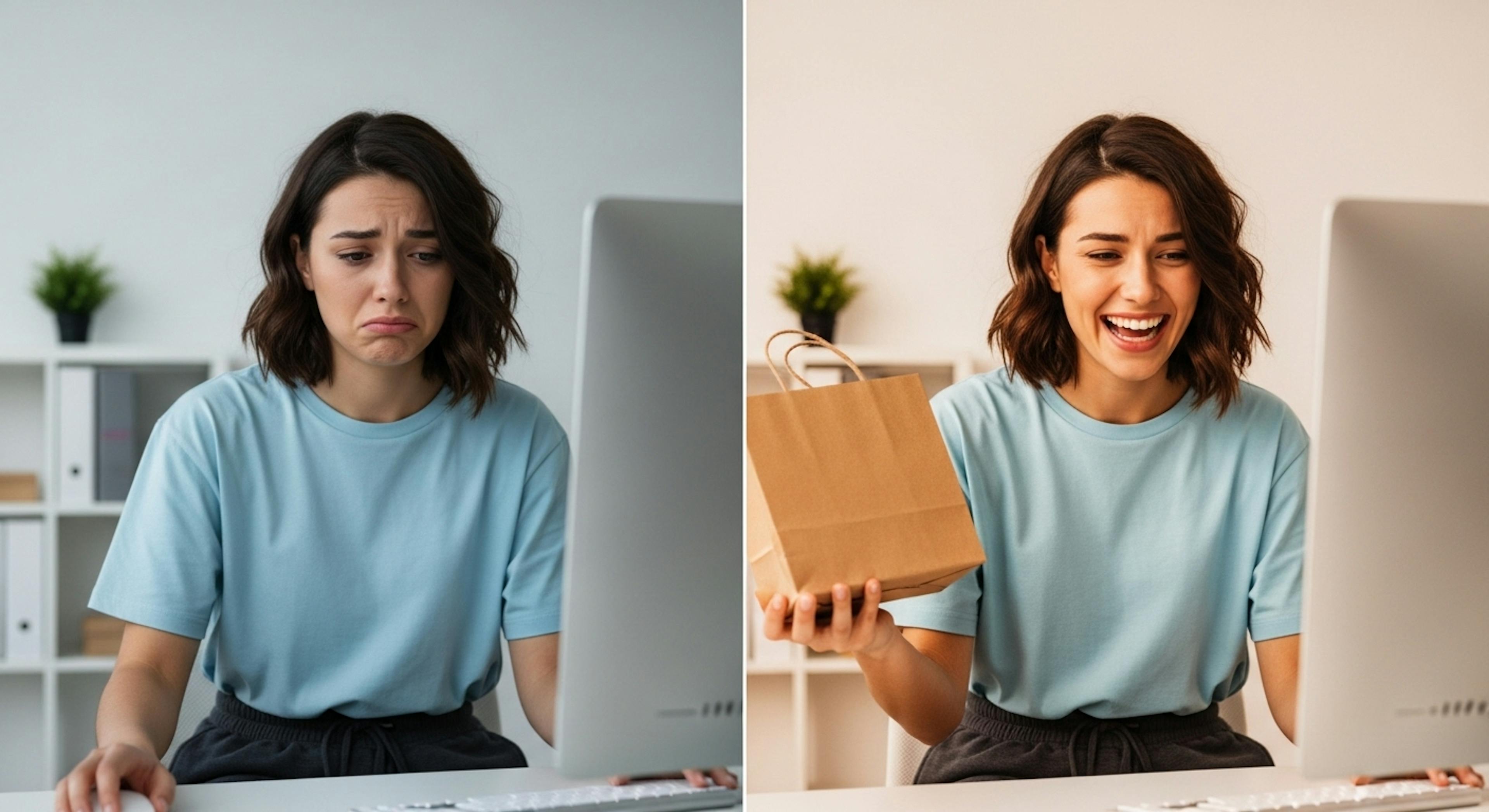 split screen a person looking at their computer with a sad face because they weren't able to make an online purchase, and then the same person looking happy 