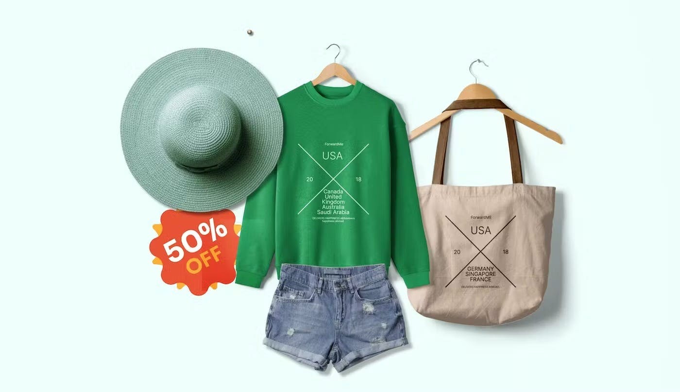 A couple of clothing items with a %50 discount mark to show discount rate.