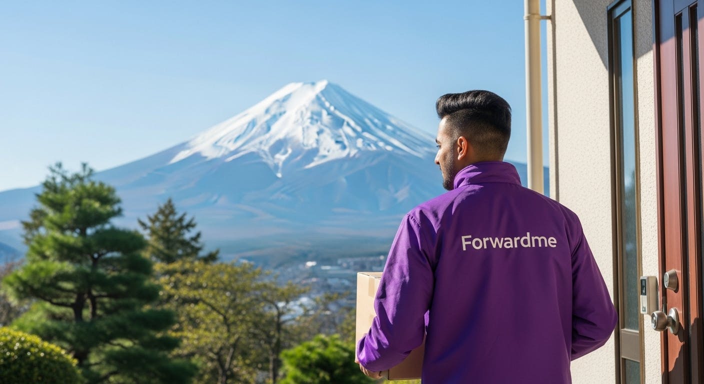 a courier wearing a purple jacket making delivery with Japan's landmark in the background, and Forwardme written on the jacket of the courier