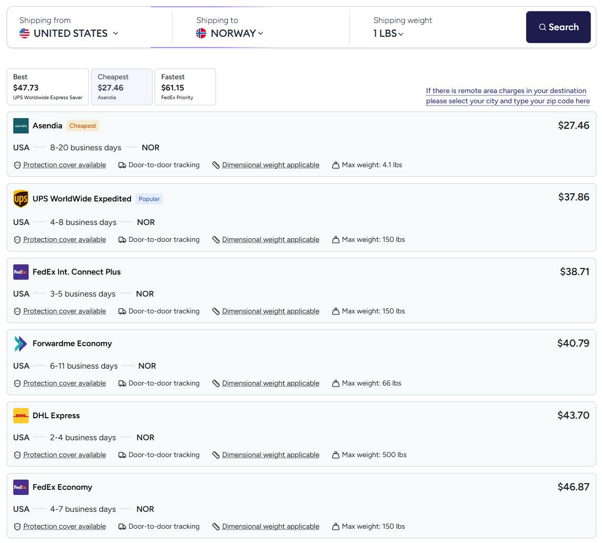 A screenshot of Shipping rates to Norway from Forwardme's website.