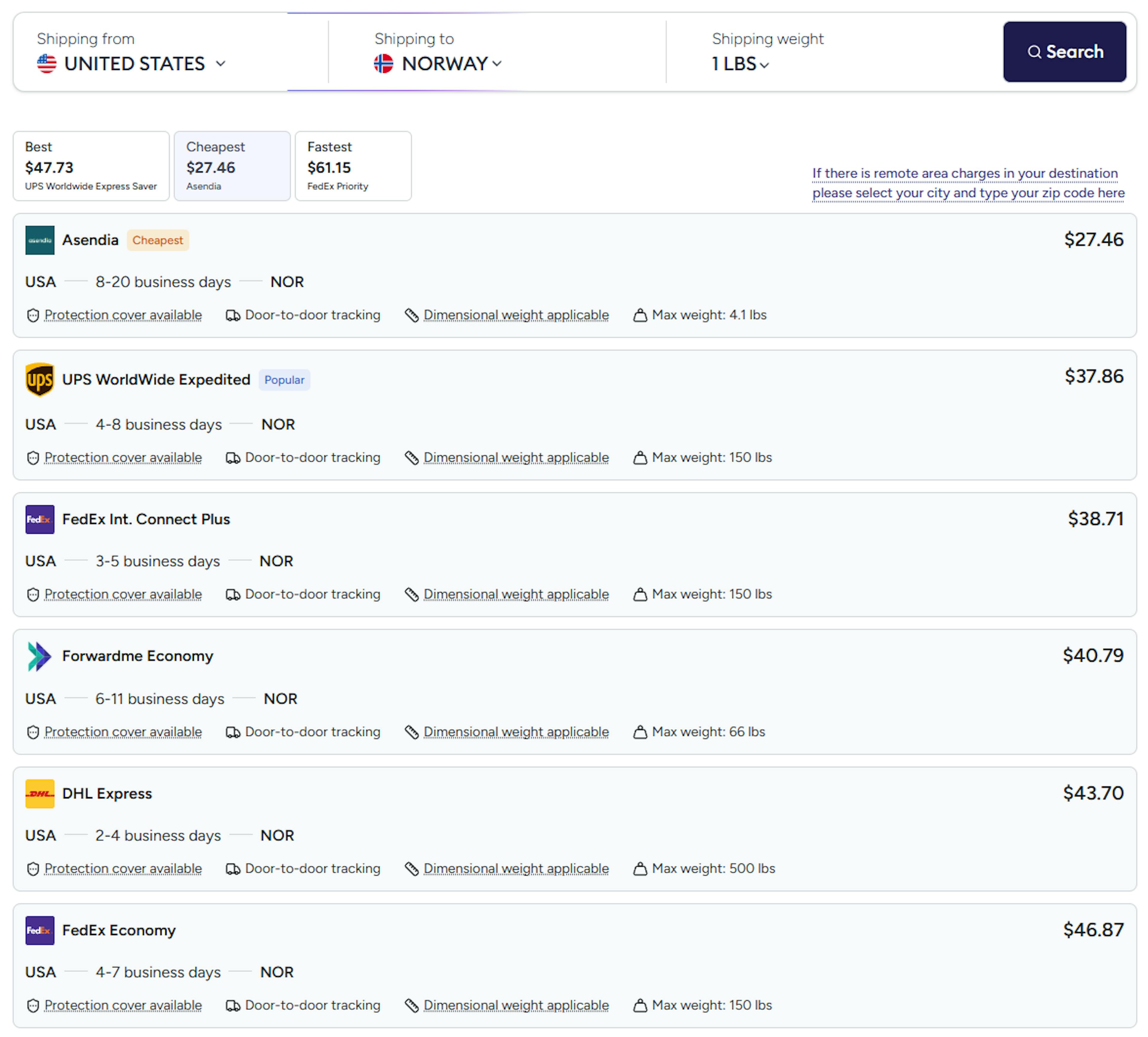 A screenshot of Shipping rates to Norway from Forwardme's website. 