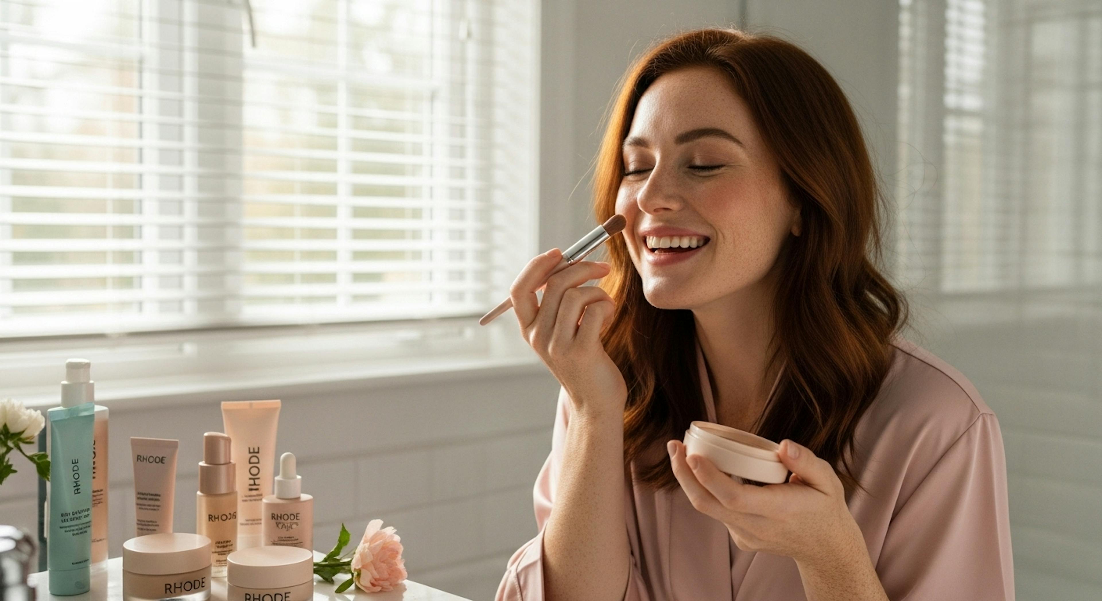 a woman happily aplying Rhode make up product
