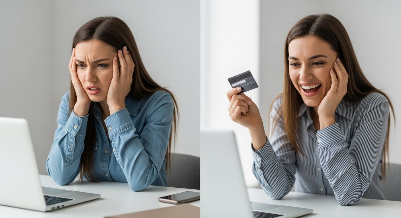 split screen.
in first part, a beautufil woman is frustrated while holding a credit card, looking at a PC
in second part, same woman is very happy while holding a credit card, looking at a PC