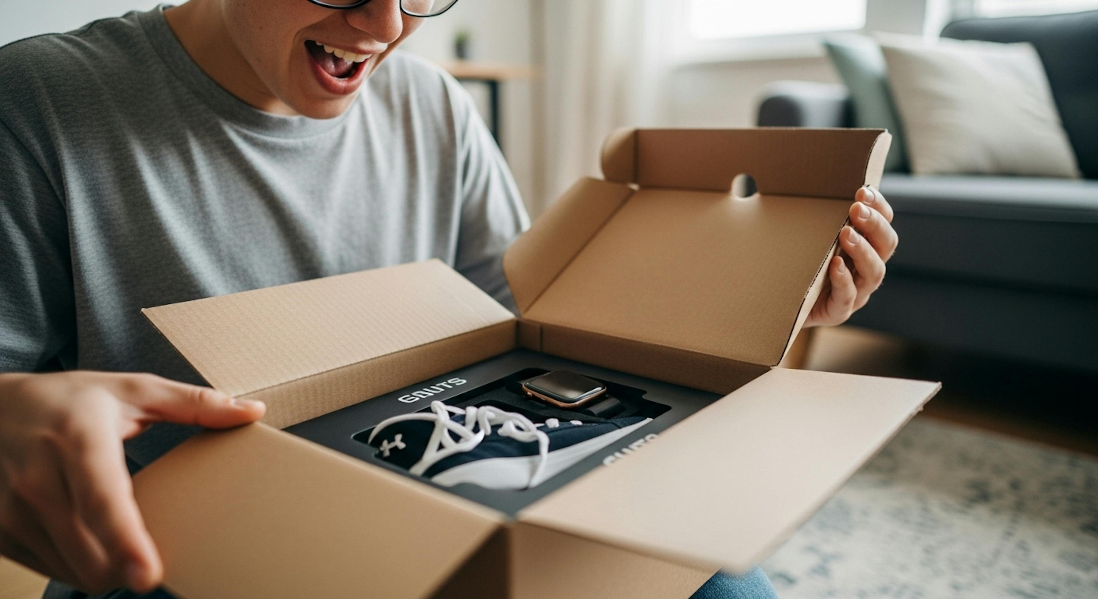 A close-up shot of a person opening a cardboard box at home with visible excitement. Inside is a branded item like sneakers or a smartwatch still in its packaging. Bright, natural lighting. Cozy interior (sofa, carpet in background).