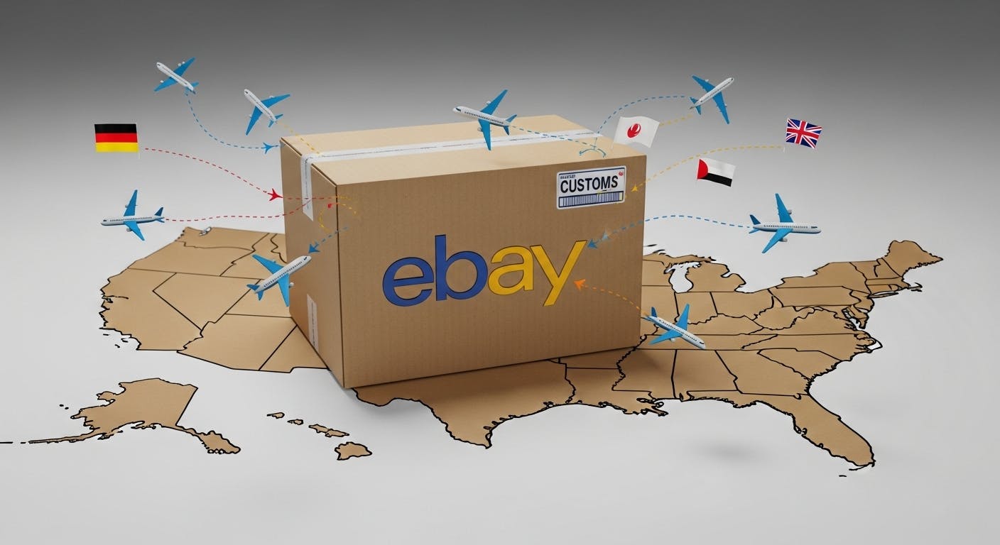 A realistic cardboard shipping box with the eBay logo placed on a US map. Multiple airplane icons flying from the US to various countries (Germany, Japan, UAE, UK). Soft shadows, neutral lighting. Realistic packaging tape and customs sticker on box.