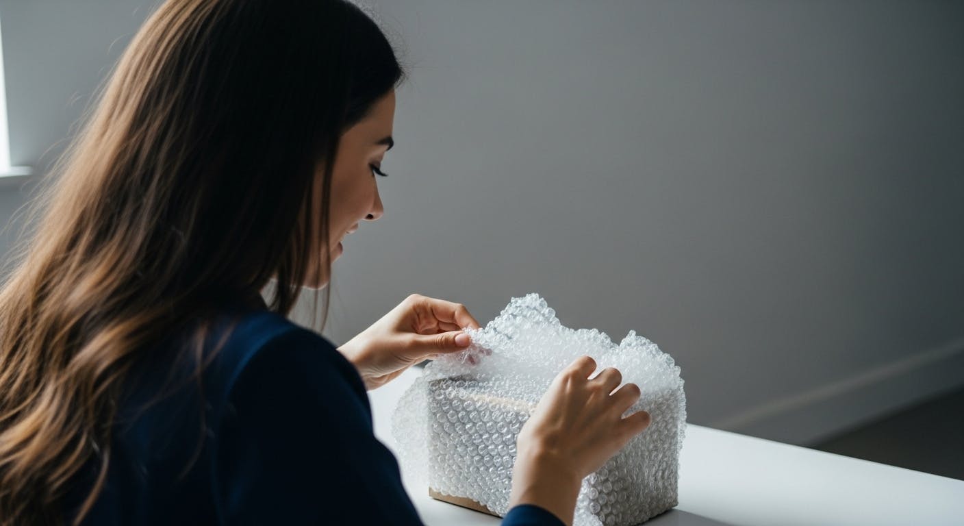 Over-the-shoulder view of someone unboxing a mysterious item in bubble wrap at a desk. Expression of surprise or happiness. Product still partially hidden (teasing the reveal). Minimalist background.