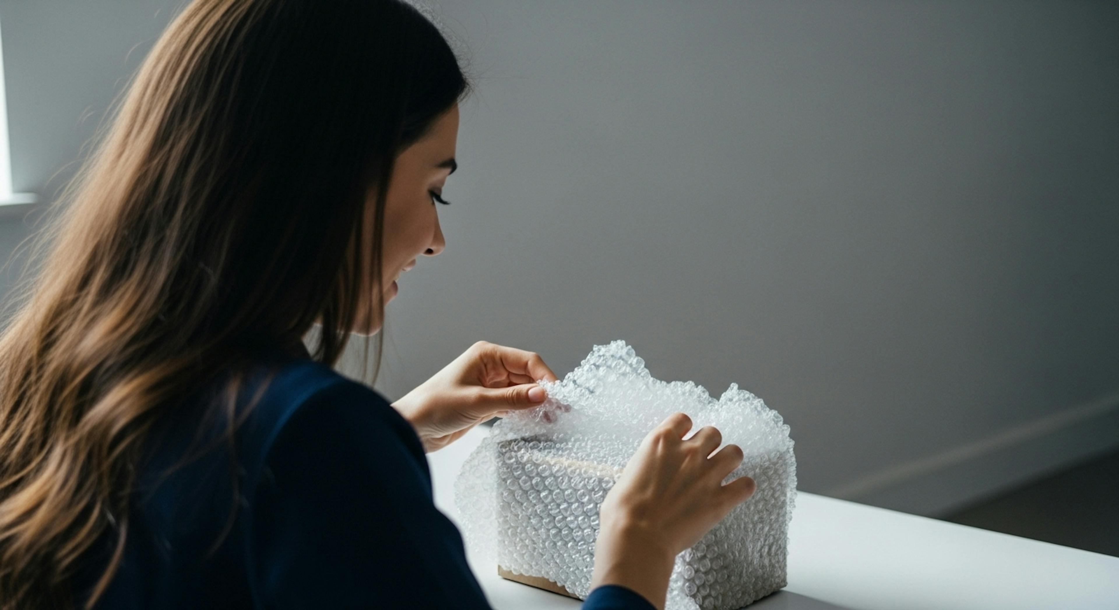 Over-the-shoulder view of someone unboxing a mysterious item in bubble wrap at a desk. Expression of surprise or happiness. Product still partially hidden (teasing the reveal). Minimalist background.