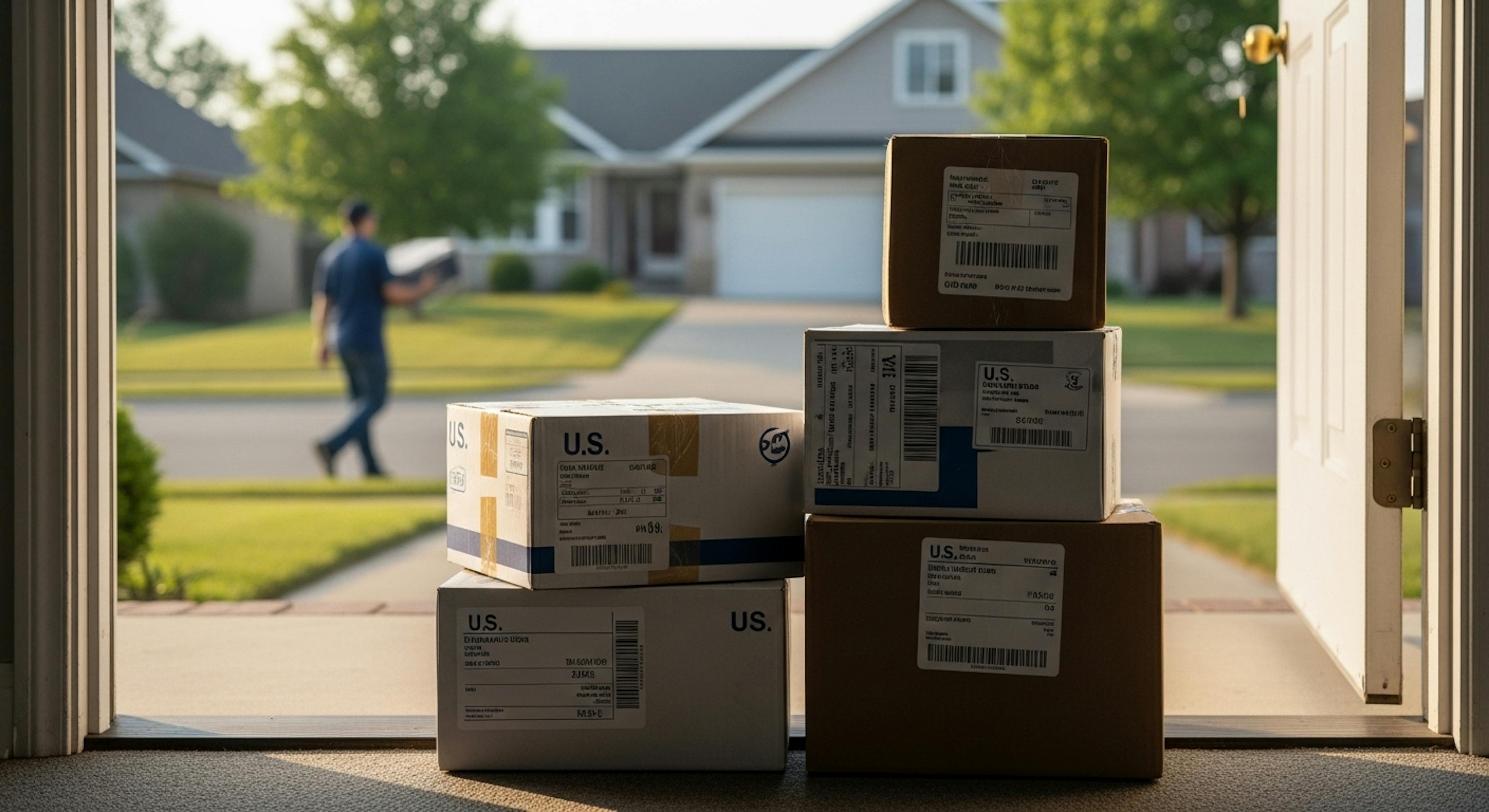 A suburban doorstep with 3–4 different packages stacked together, all with various shipping labels (US origin). A delivery person walking away in the distance. Early morning light. No logos or text.