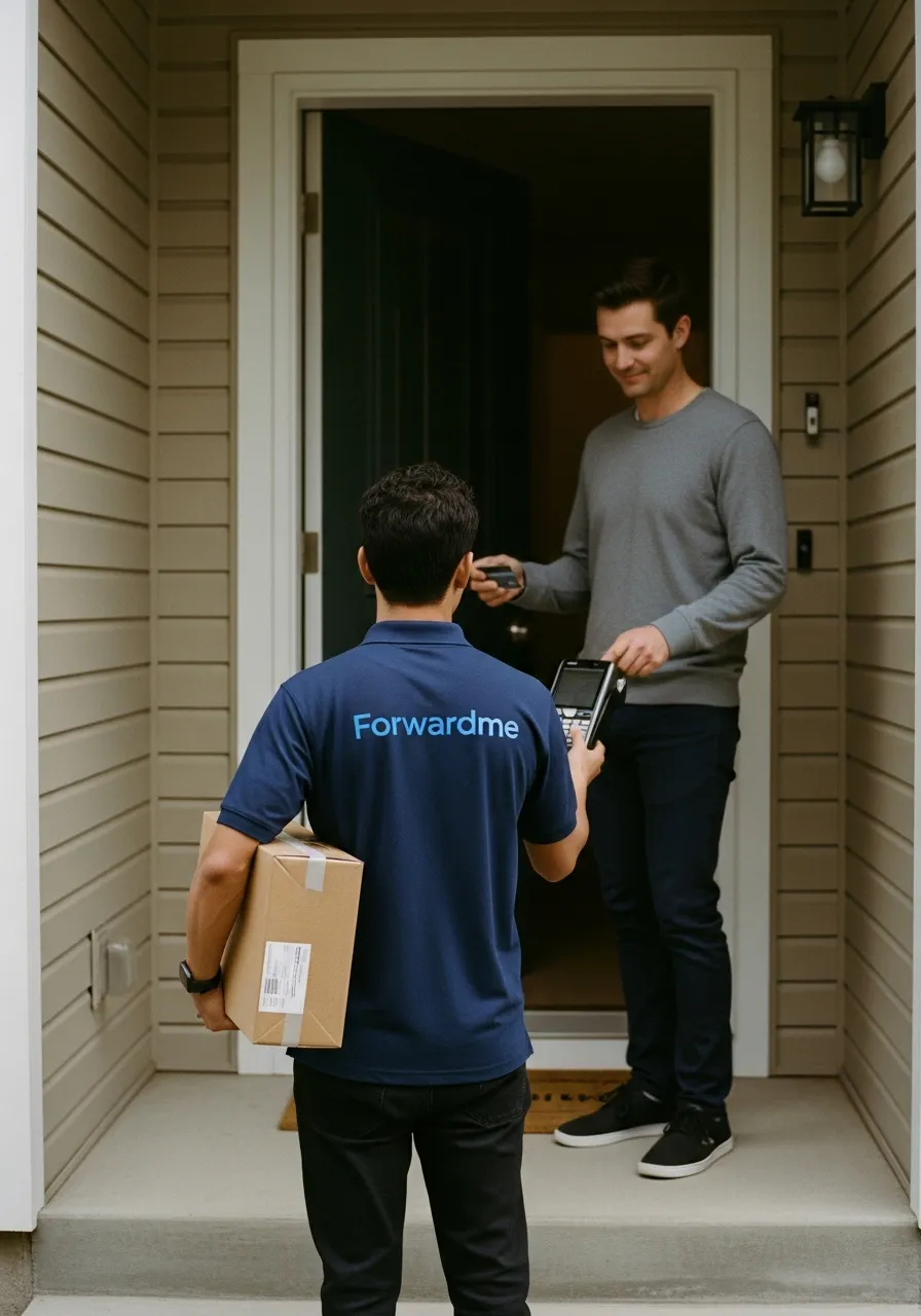 A courier holds a single parcel while a customer pays customs fees on a handheld POS terminal during delivery at their front door.