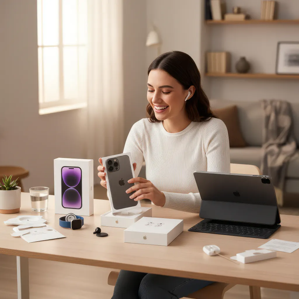 A smiling woman happily unboxing Apple’s latest devices — iPhone 17 Pro, Apple Watch Series 10, AirPods 4, and iPad Pro M4 — with Apple boxes visible on a desk.