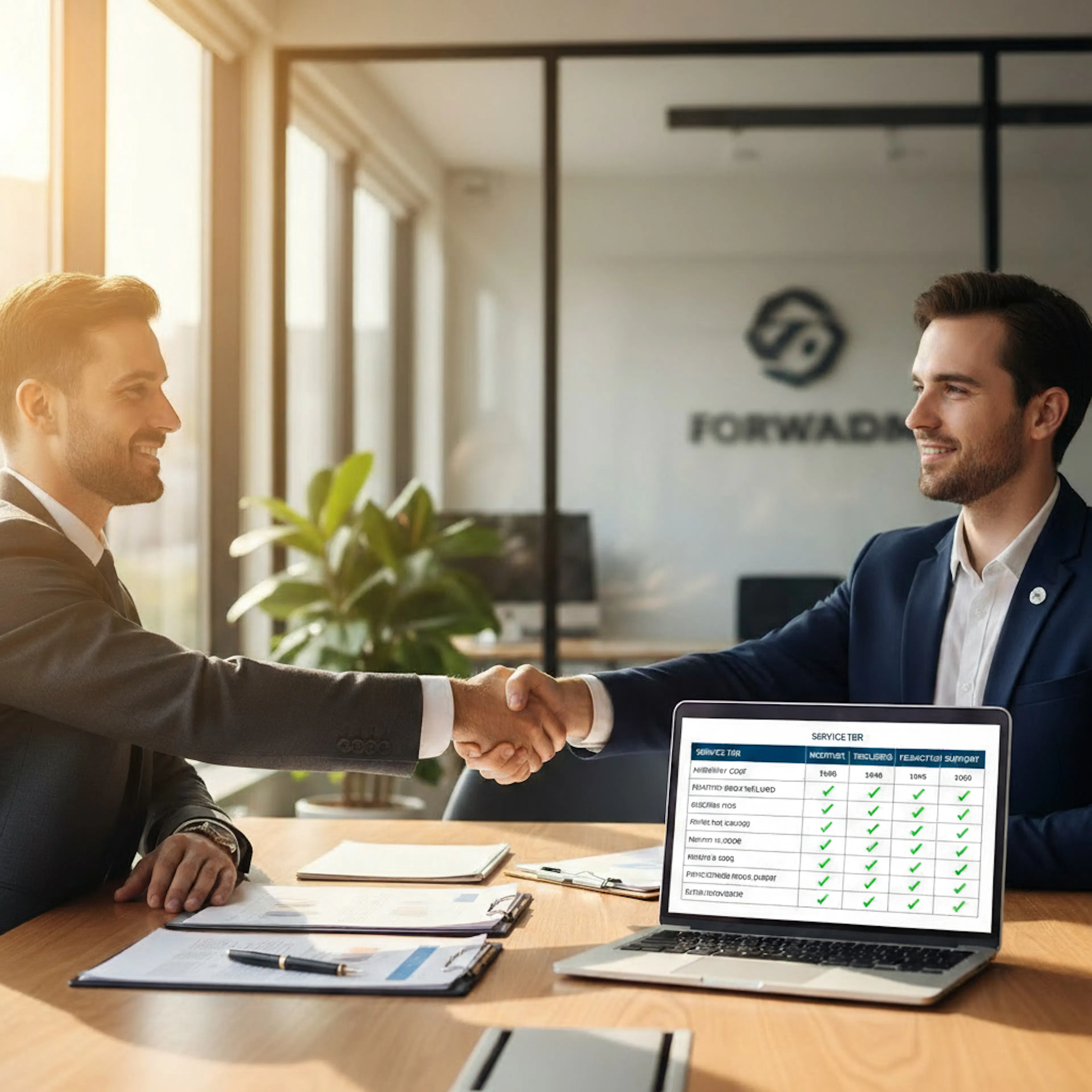 Two businessmen shaking hands in a modern office, with a laptop on the desk displaying transparent service pricing and dedicated support options.