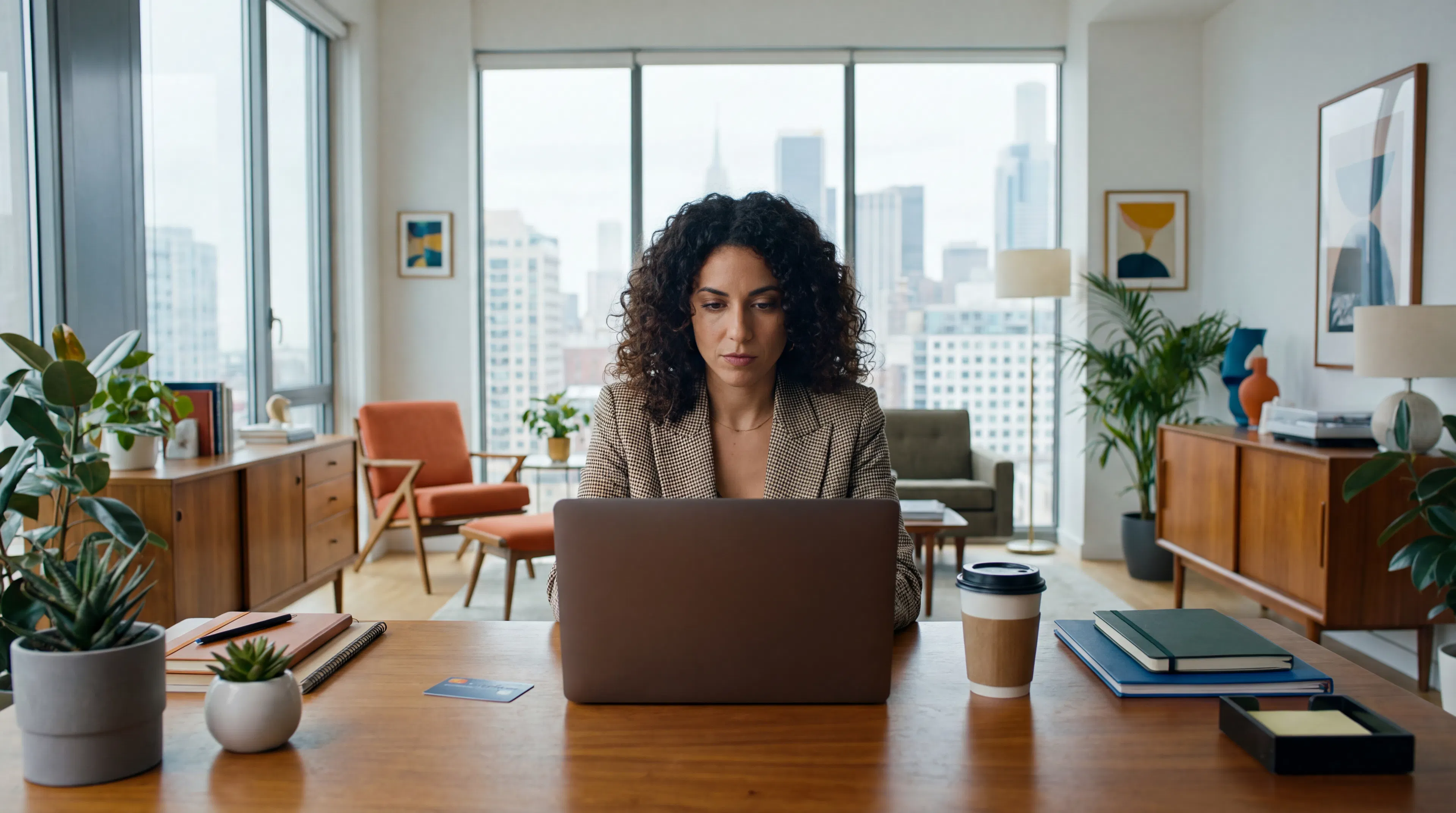 A woman with curly hair working on a laptop at a wooden desk, processing a personal shopper order from Italy.